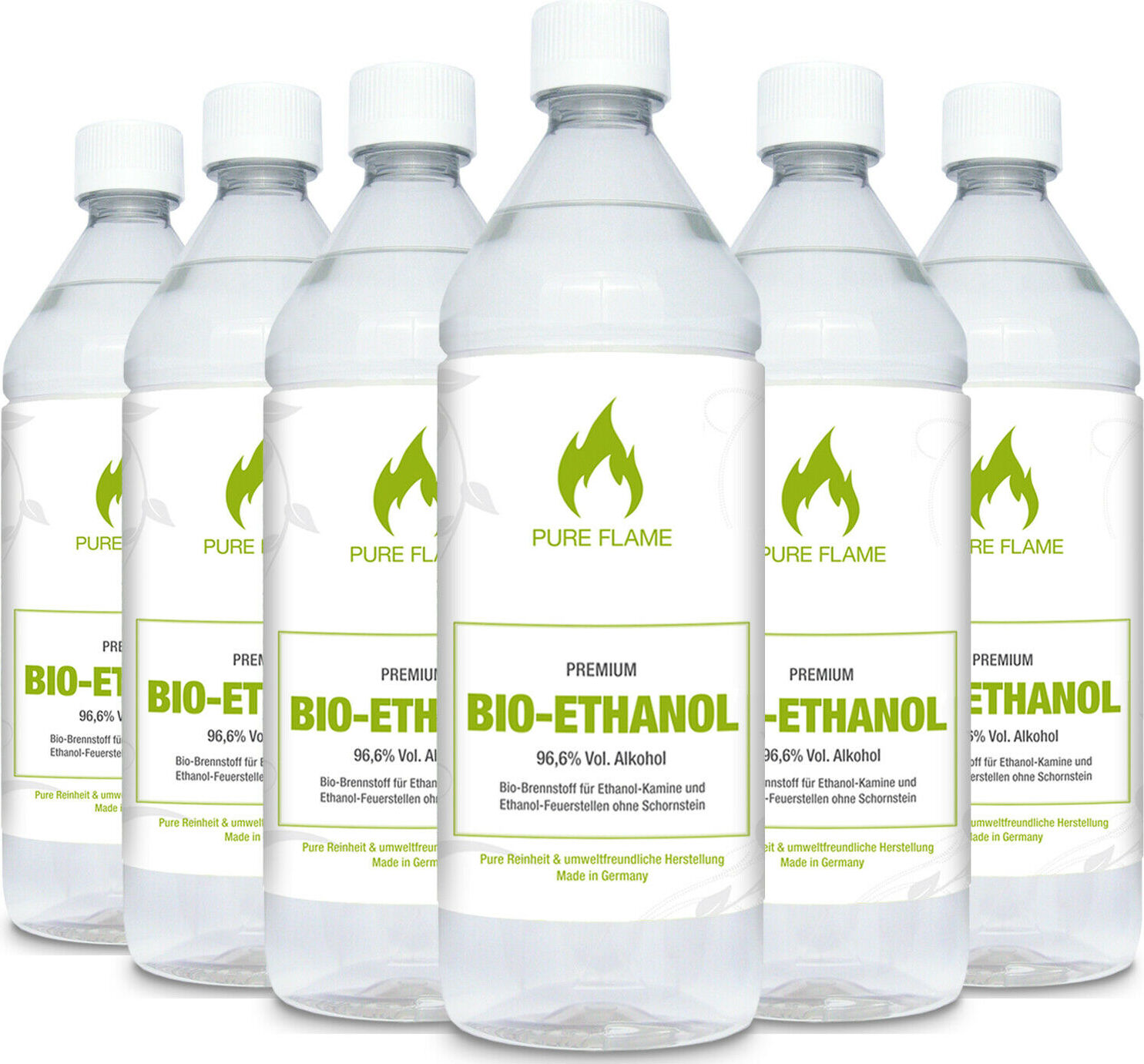 BIO-CONCEPT Altmark Kusey GmbH 6 x 1 Liter Bioethanol 96,6% - PURE FLAME Premium Bioethanol für Ethanol Kamine in 1L Flaschen BE6