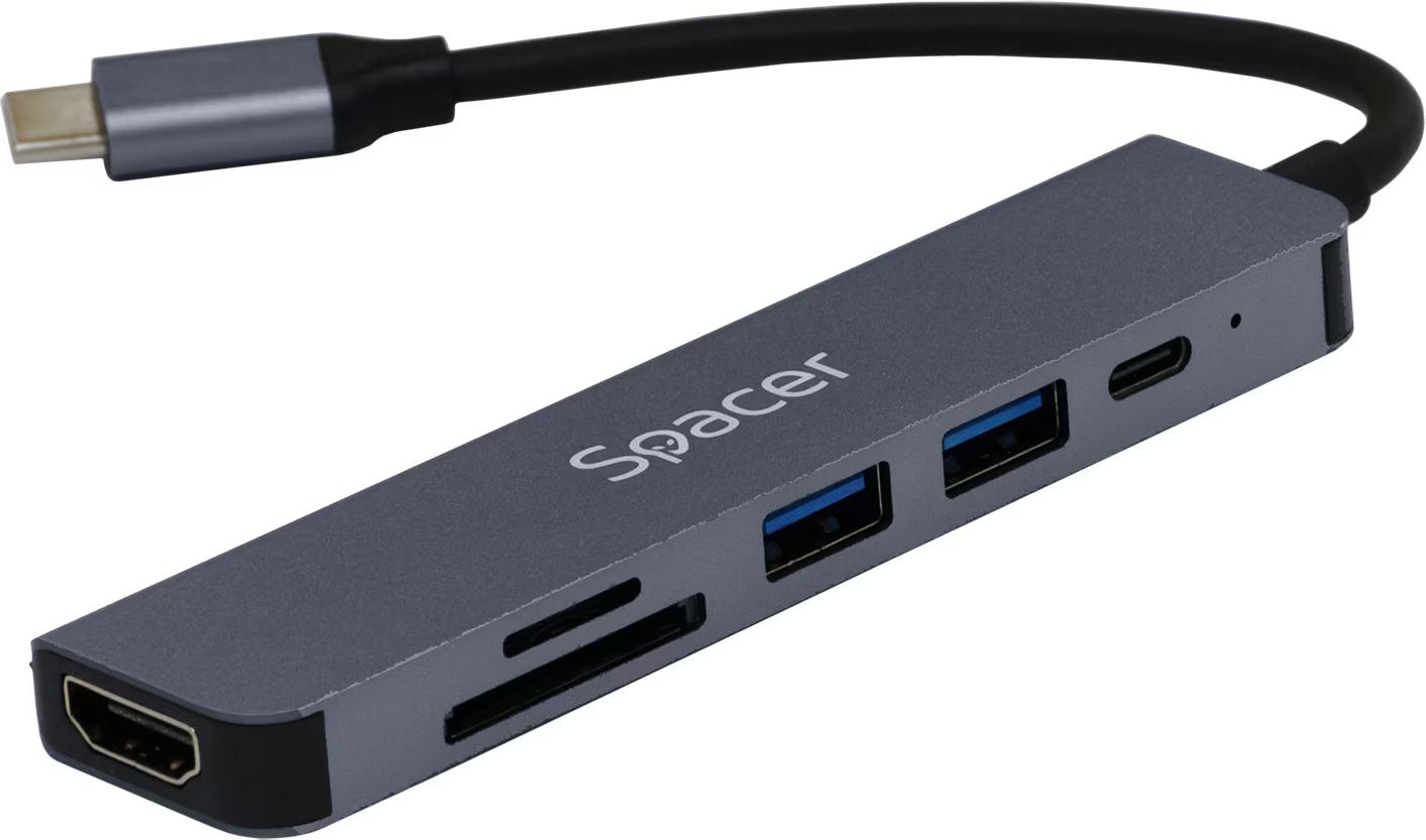 Univerzálna dokovacia stanica 6 v 1, rozpera, pripojenie typu C, 2x USB 3.0 | PD 3.0 x 1 (87 W), 1x HDMI video port, 4K (30 Hz), 1x SD karta, 1x TF (MicroSD karta), hliník, sivá