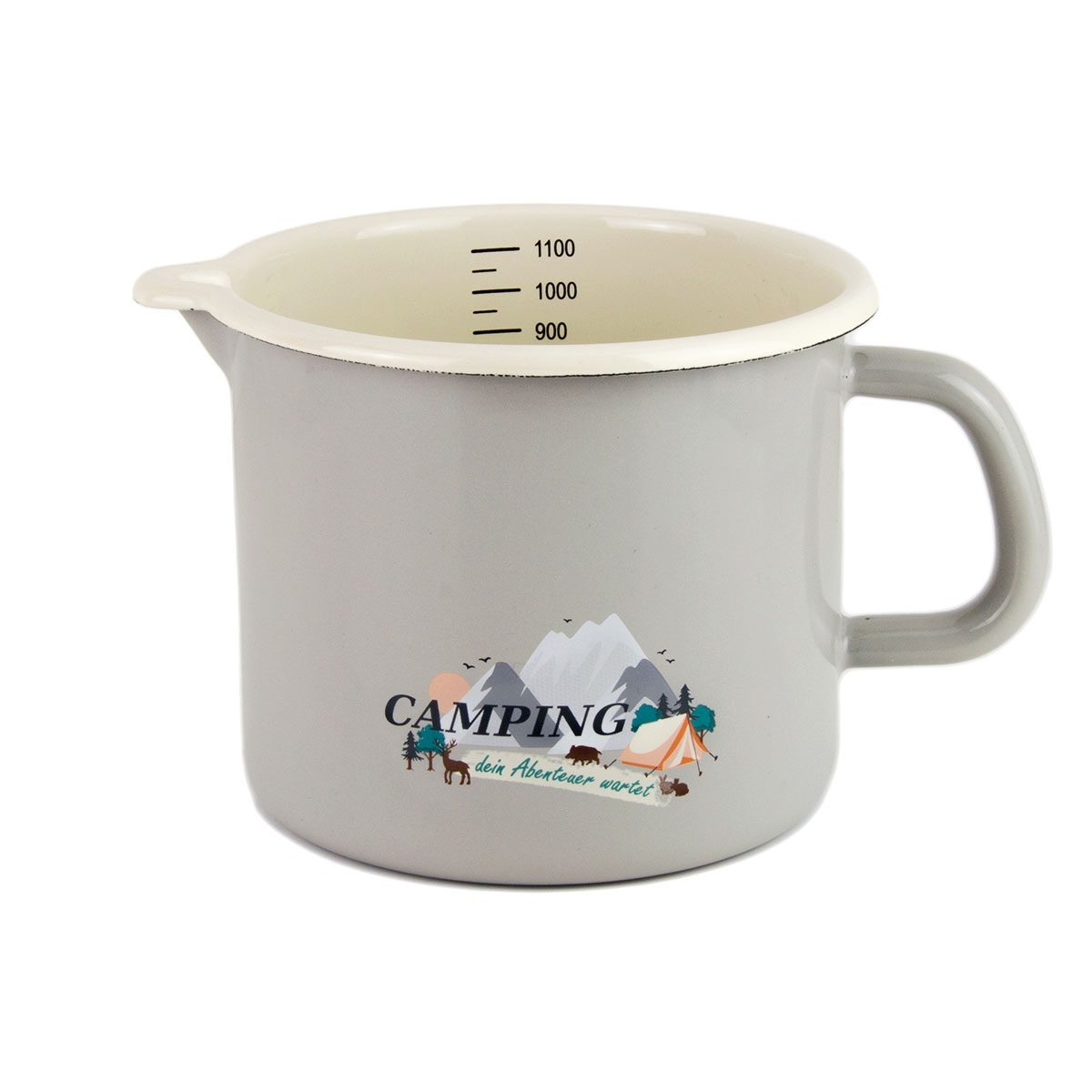 Linoows Milchtopf, Emaille Kochtopf, Henkeltopf mit Skala, Dekor Camping pastell grau