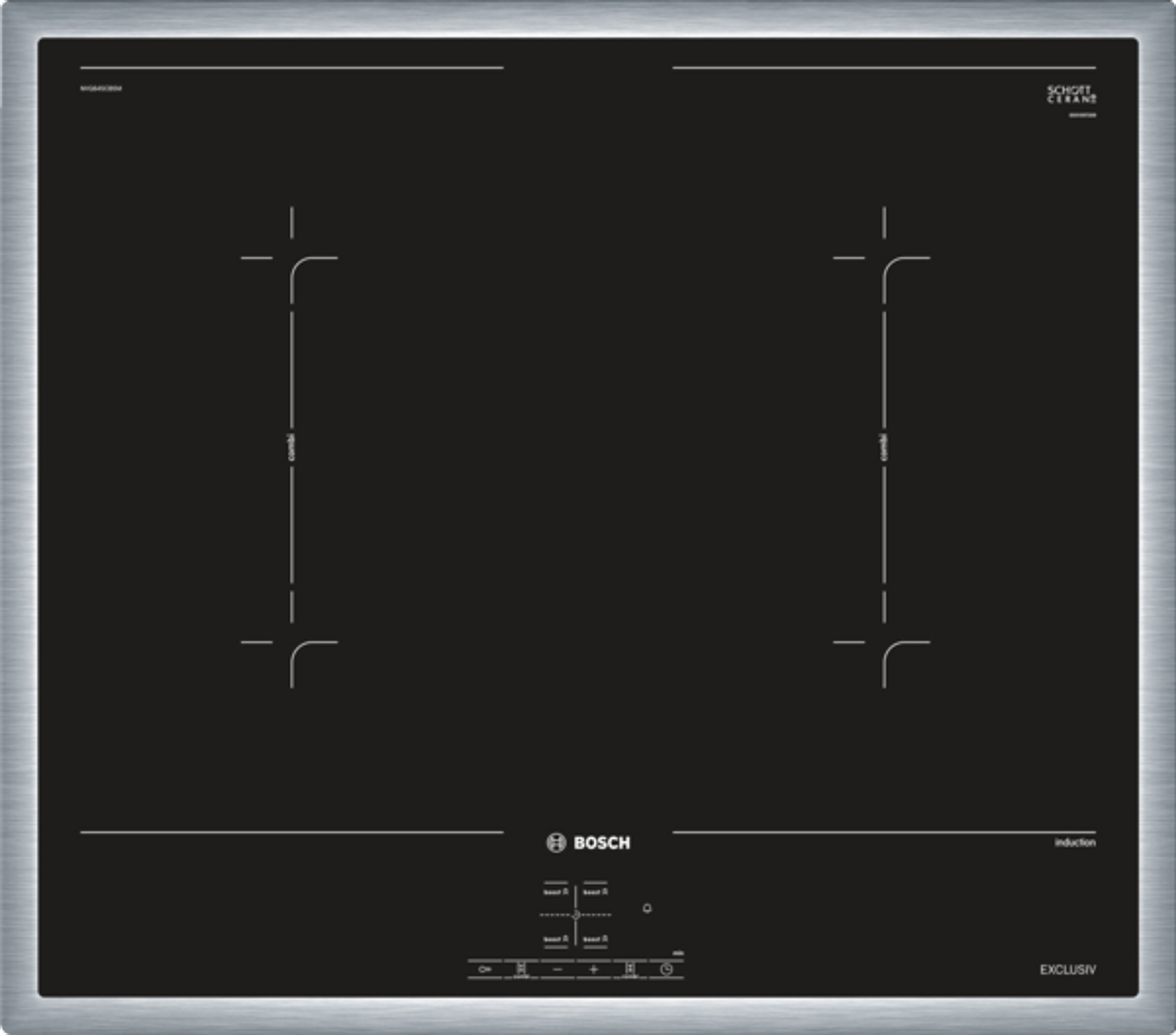 Bosch Serie 4 NVQ645CB5M, Čierna, Nerezová oceľ, Vstavaný, Indukčná varná doska so zónami, 4 zone(s), 4 zone(s), Veľký