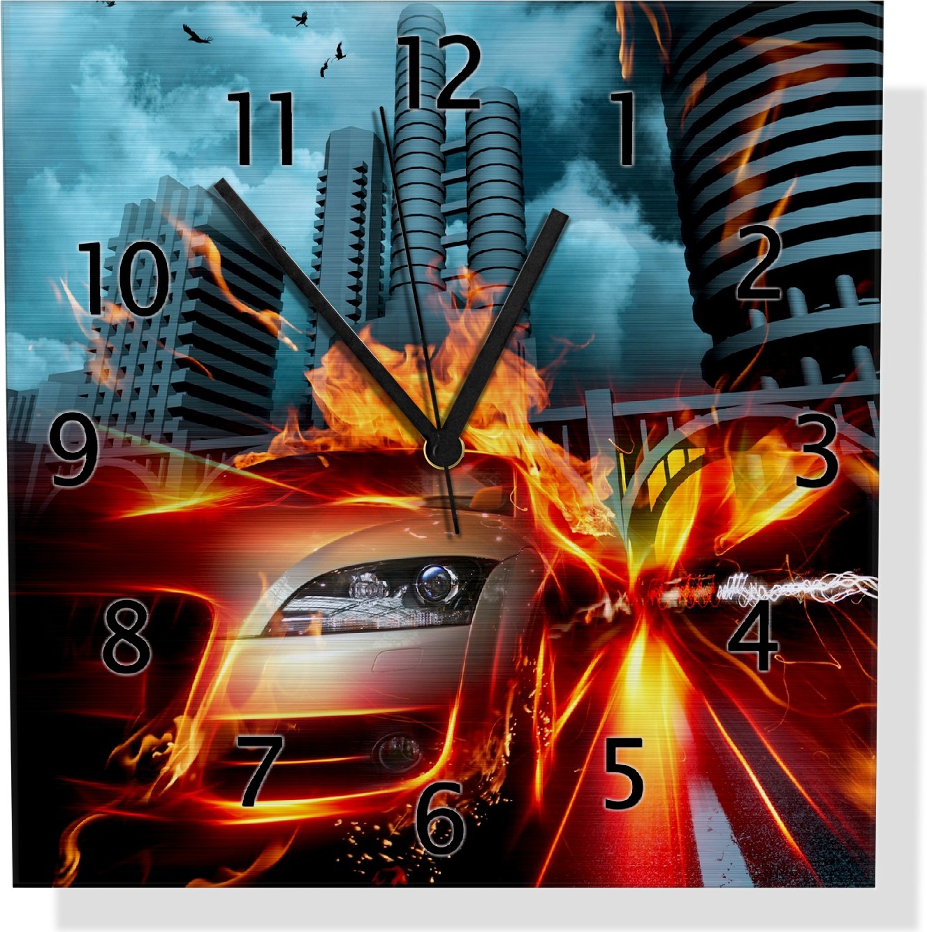 Wallario Design Wanduhr Brennendes fahrendes Auto aus Aluverbund, Größe 30 x 30 cm uds0100-3030