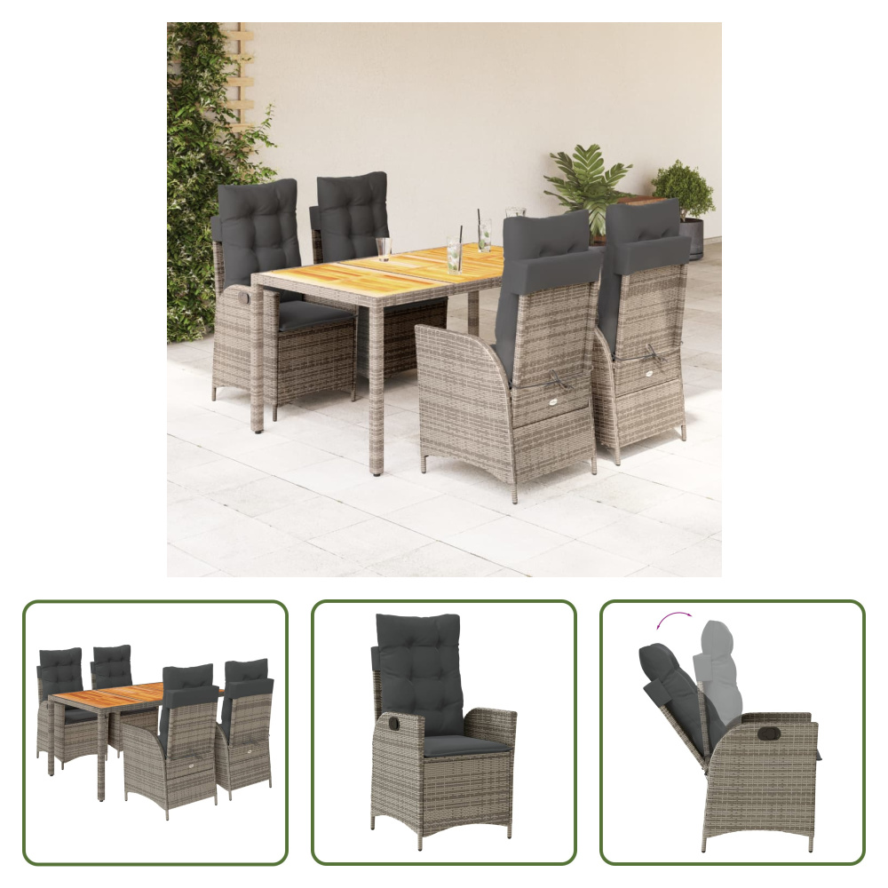 The Living Store 5-dielny záhradný jedálenský set s vankúšmi sivý polyratan