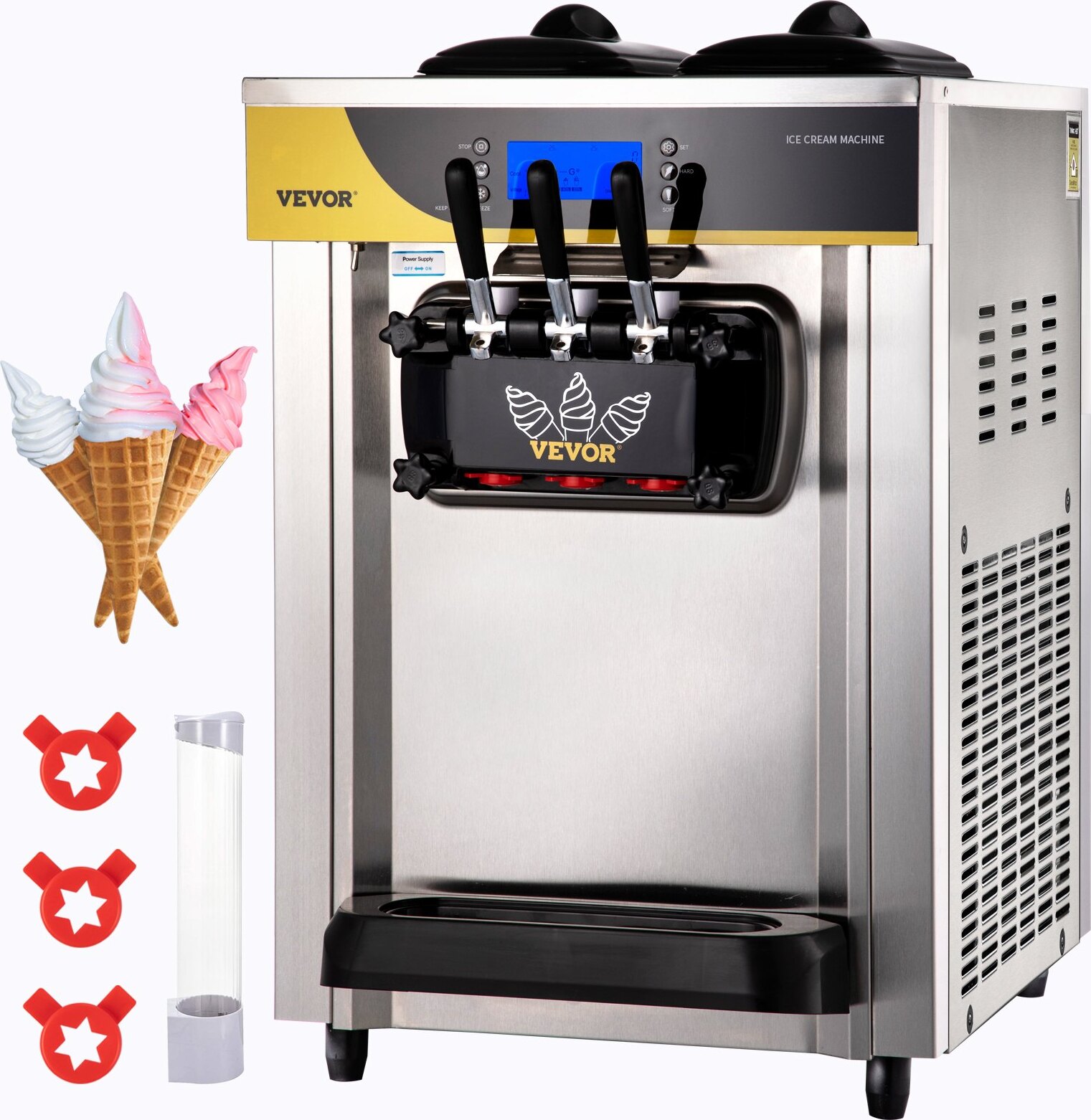 Kommerzielle Softeismaschine 2200 W Arbeitsplatte Softeismaschine 22-30 L/Std.Softeismaschine Desktop, Softeismaschine 3 Geschmack mit LCD-Display Eiscrememaschine Speiseeismaschine