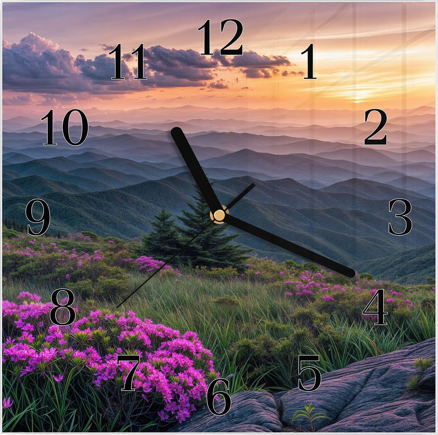 Primedeco Wanduhr aus Glas mit Motiv Berglandschaft Blumen- 30 x 30 cm - inkl. Aufhängesystem