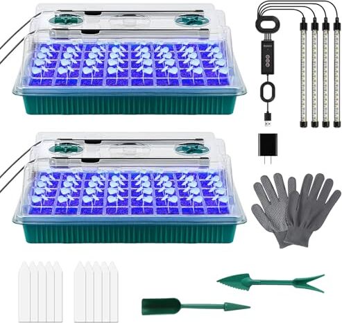 Toouse Innenhaus -Gewächshaus -Ausbreitungsbox, Pack 2 80 Zellsamling Starterschalen, Schalen wachsen Licht, Pflanzenlampe, Handschuhe, Etiketten, kleine Gar