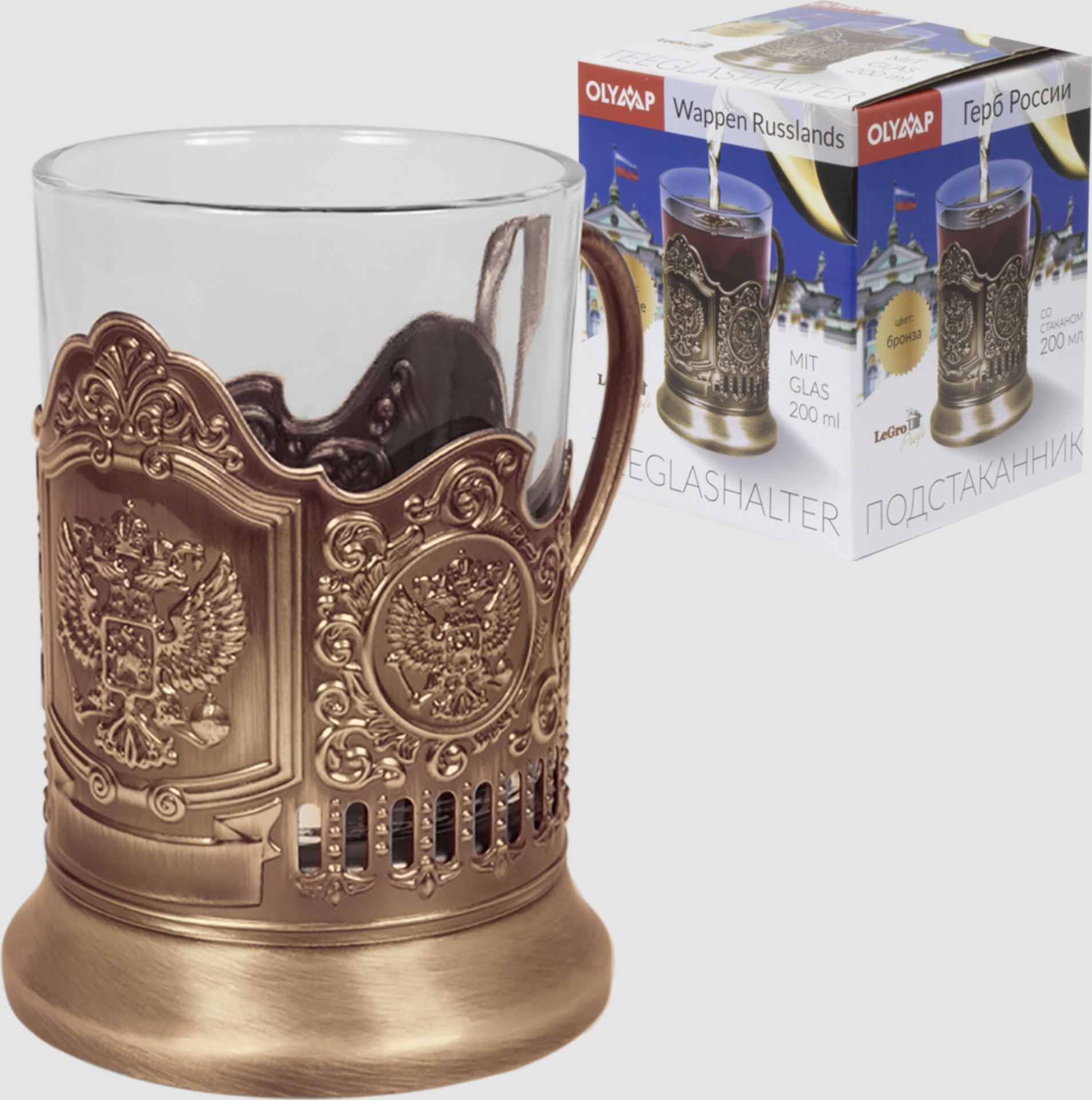 Teeglashalter in Bronze Wappen Russlands mit Teeglas 200 ml