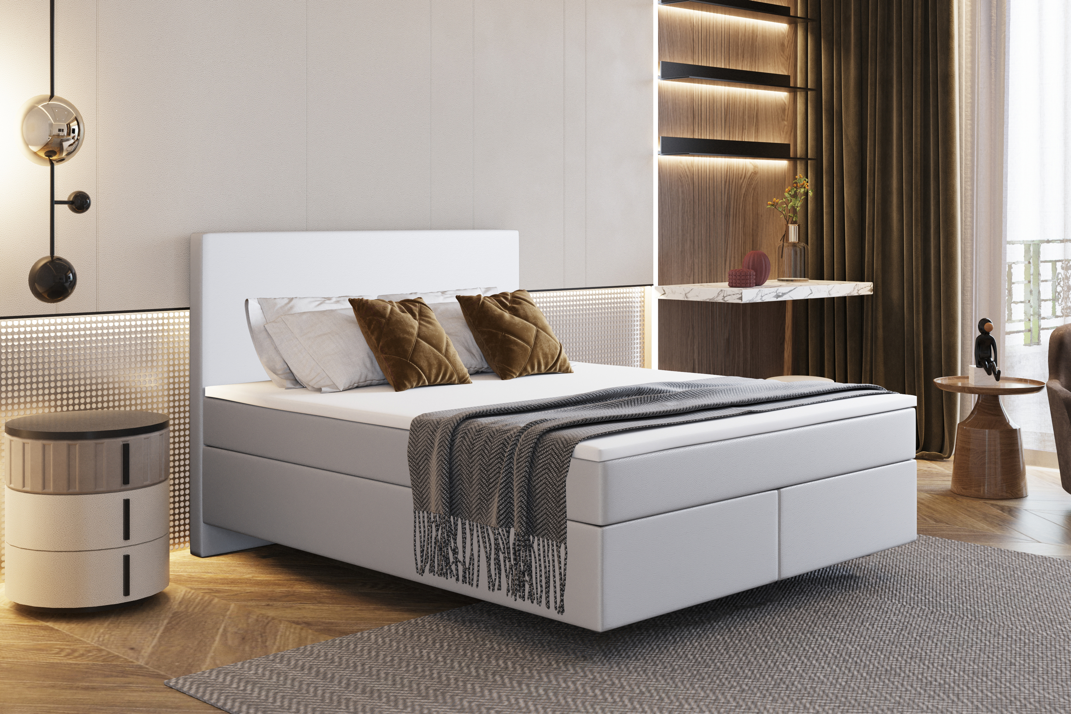 Skriňová posteľ Kaiser Möbel s dvoma matracmi a topperom SEVI látka Madryt White 180 cm x 200 cm