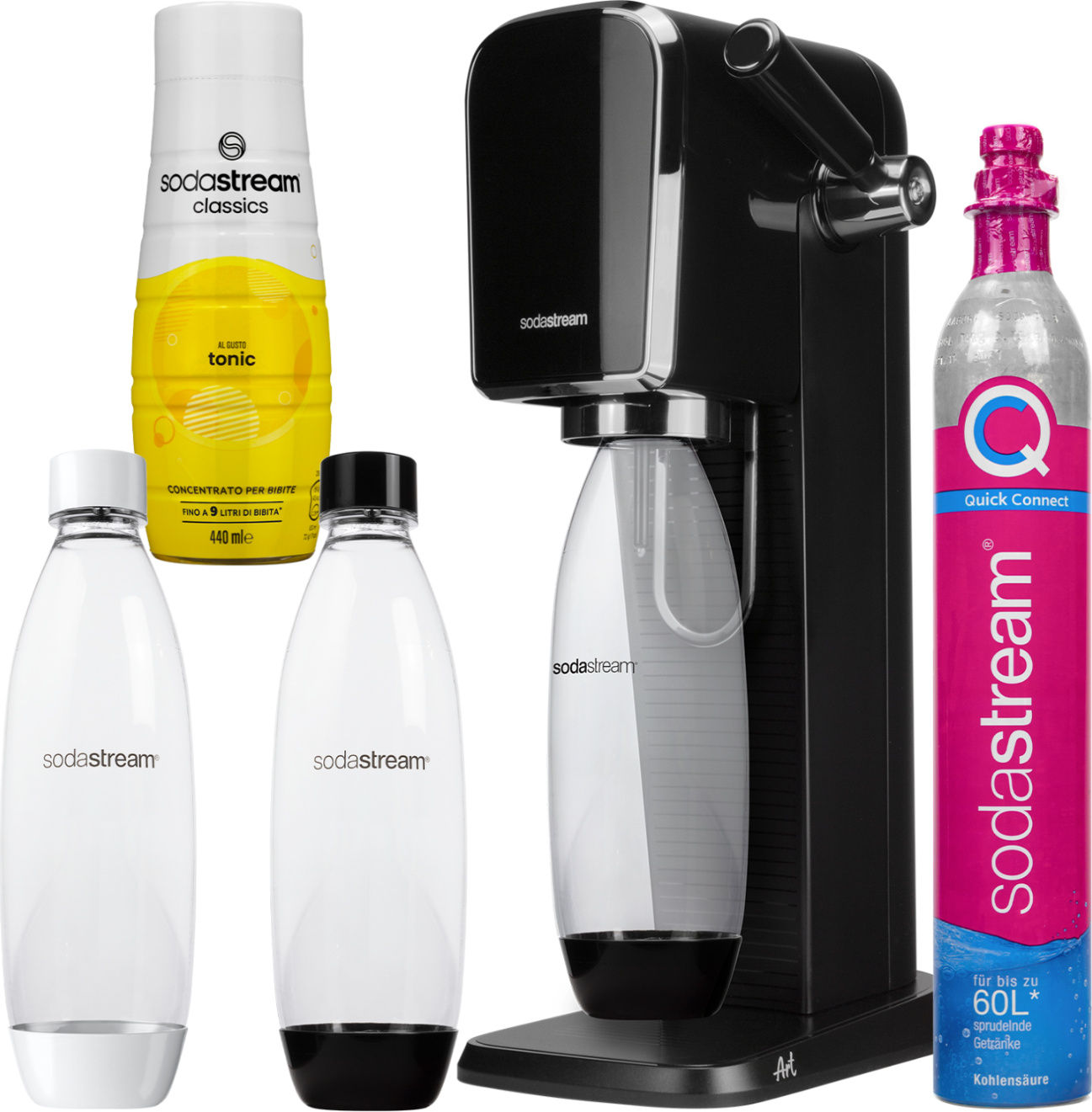Výrobník perlivej vody SodaStream Art Black + 2 fľaše, čierna/biela, 1 liter + tonizujúci sirup 440 ml