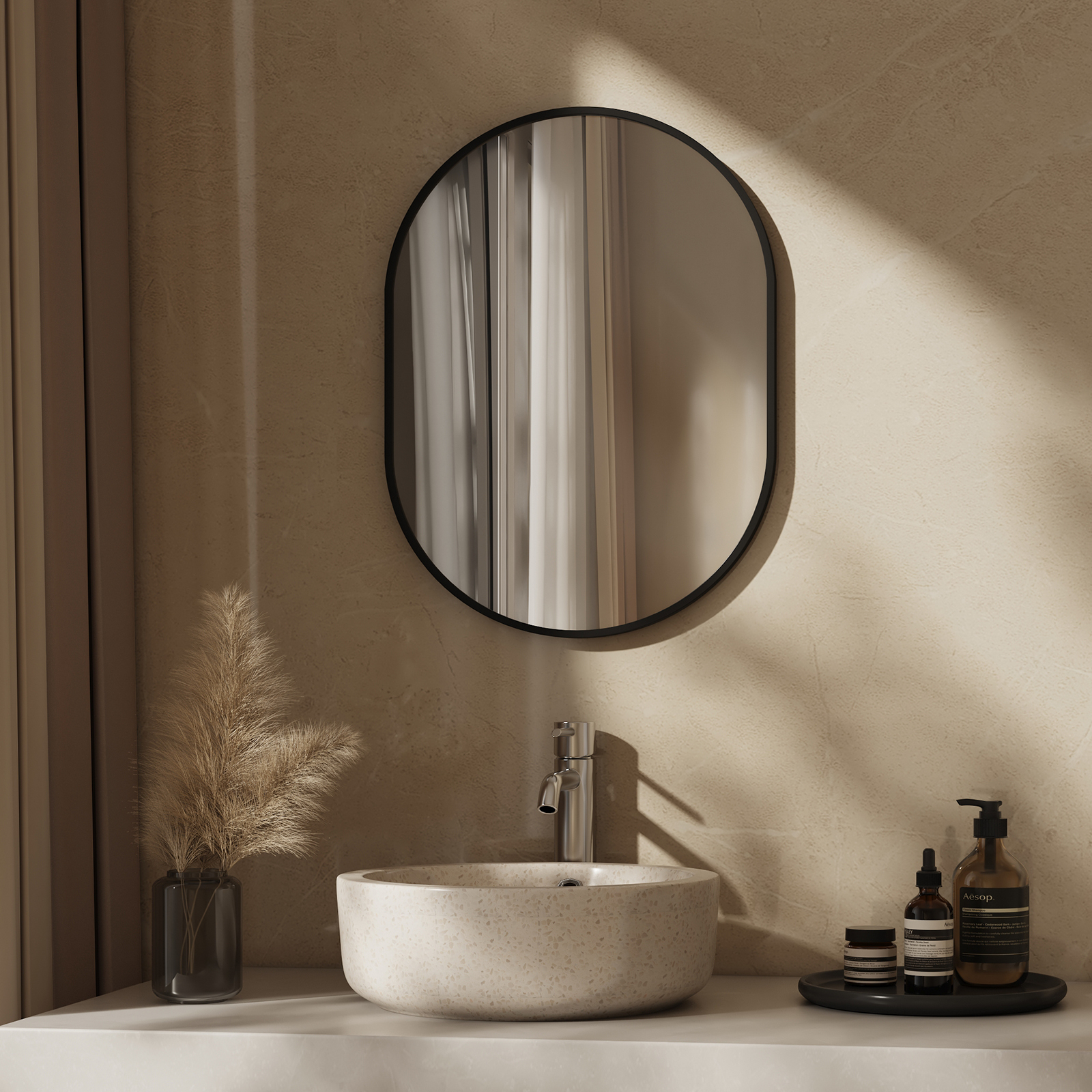 Specchio Da Bagno Ovale A LED Con Cornice Nera – 500x700 Mm, Anti-appannamento, Dimmerabile Con Memoria, 3 Luci