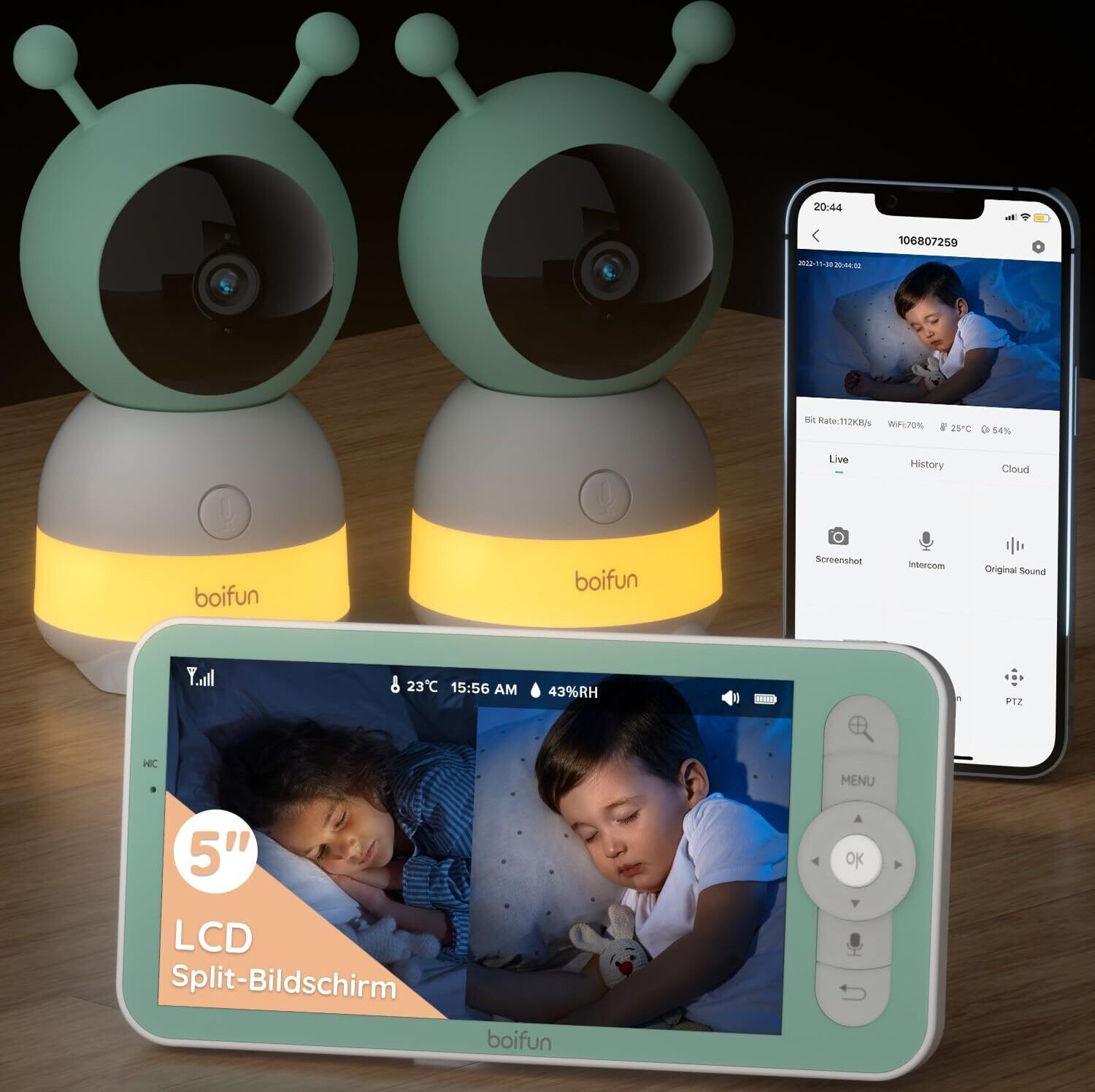 BOIFUN Babyphone mit Kamera 5 Zoll Babyphone 355° Rotation Nachtsicht Videokamera mit 2 Kameras Babykamera LCD Bildschirm, 3MP Baby 6T