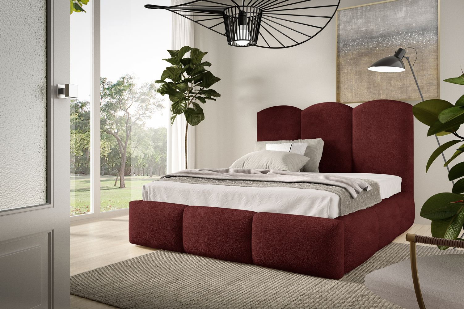 Manželská čalúnená posteľ 140x200 ROLANDA - tmavo červená