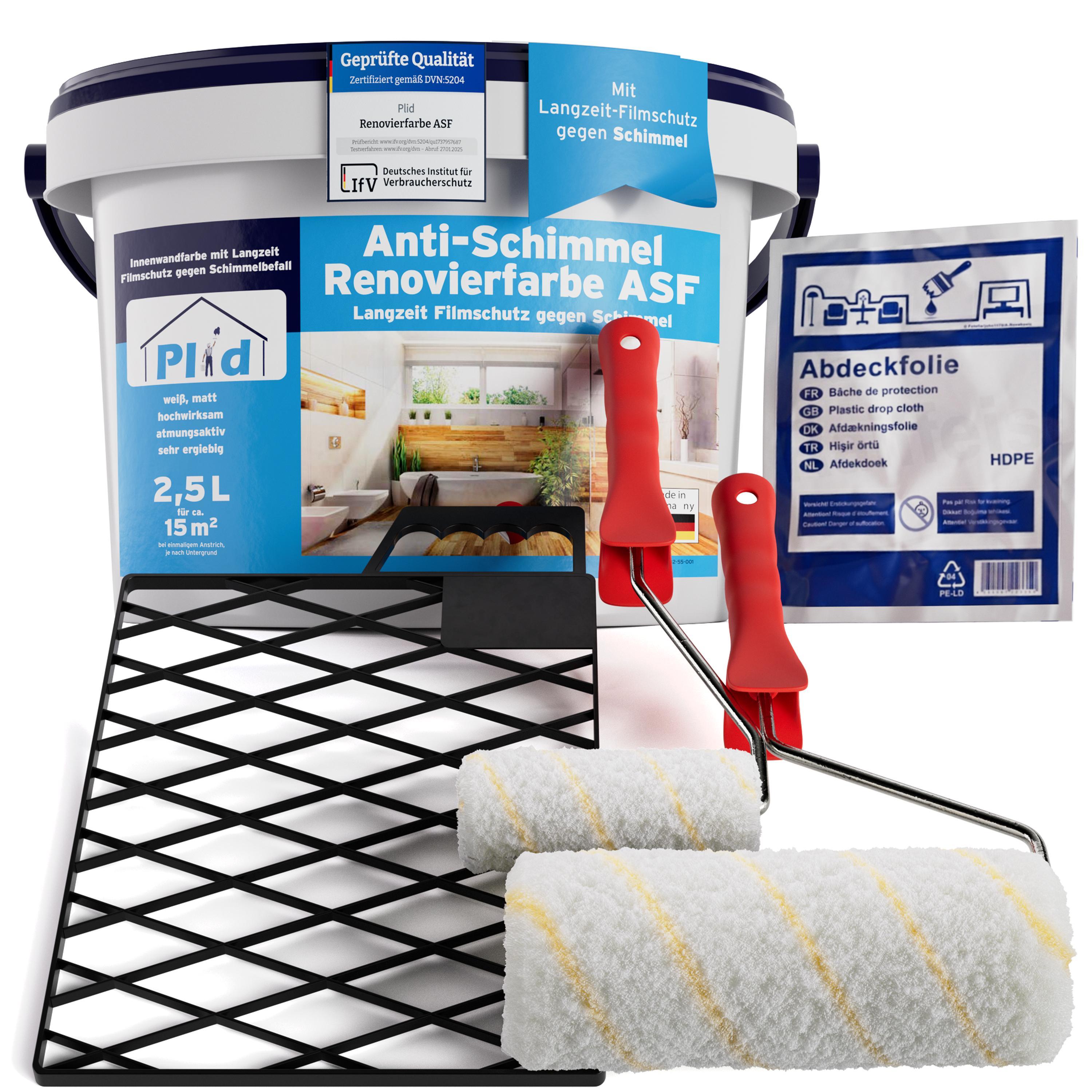 Plid Anti Schimmel Renovierfarbe 2,5L Weiß + Streichset 6-tlg für ca. 15m² - [DAUERHAFTER SCHIMMELSCHUTZ] Farbe für alle Wände Feuchträume, Bad, Küche