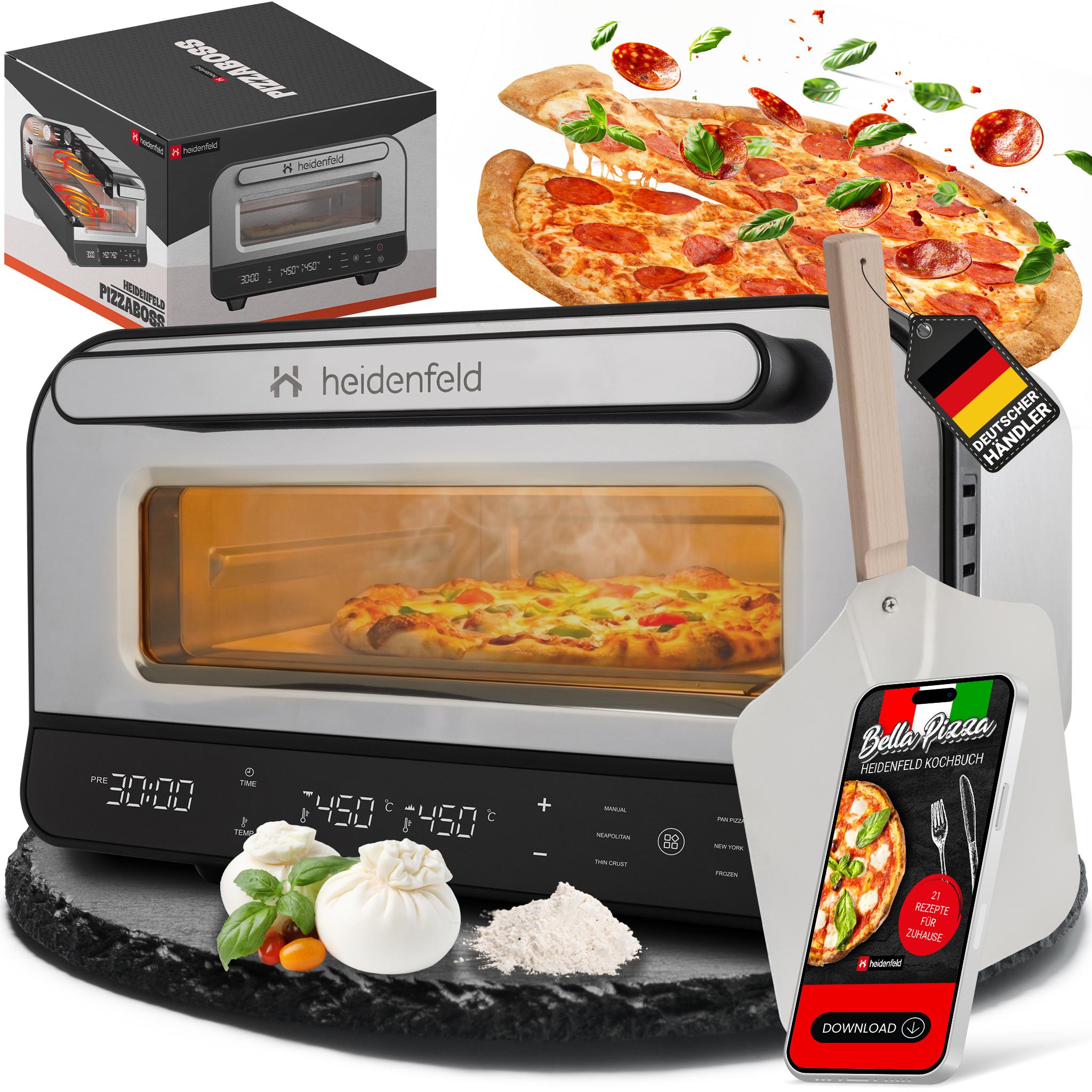 Heidenfeld Pizzaofen Pizzaboss | Elektrischer Pizza Ofen - Backofen - Pizzabackofen - Pizzamaker - inkl. Pizzastein & Pizzaschieber - Bis 450° C
