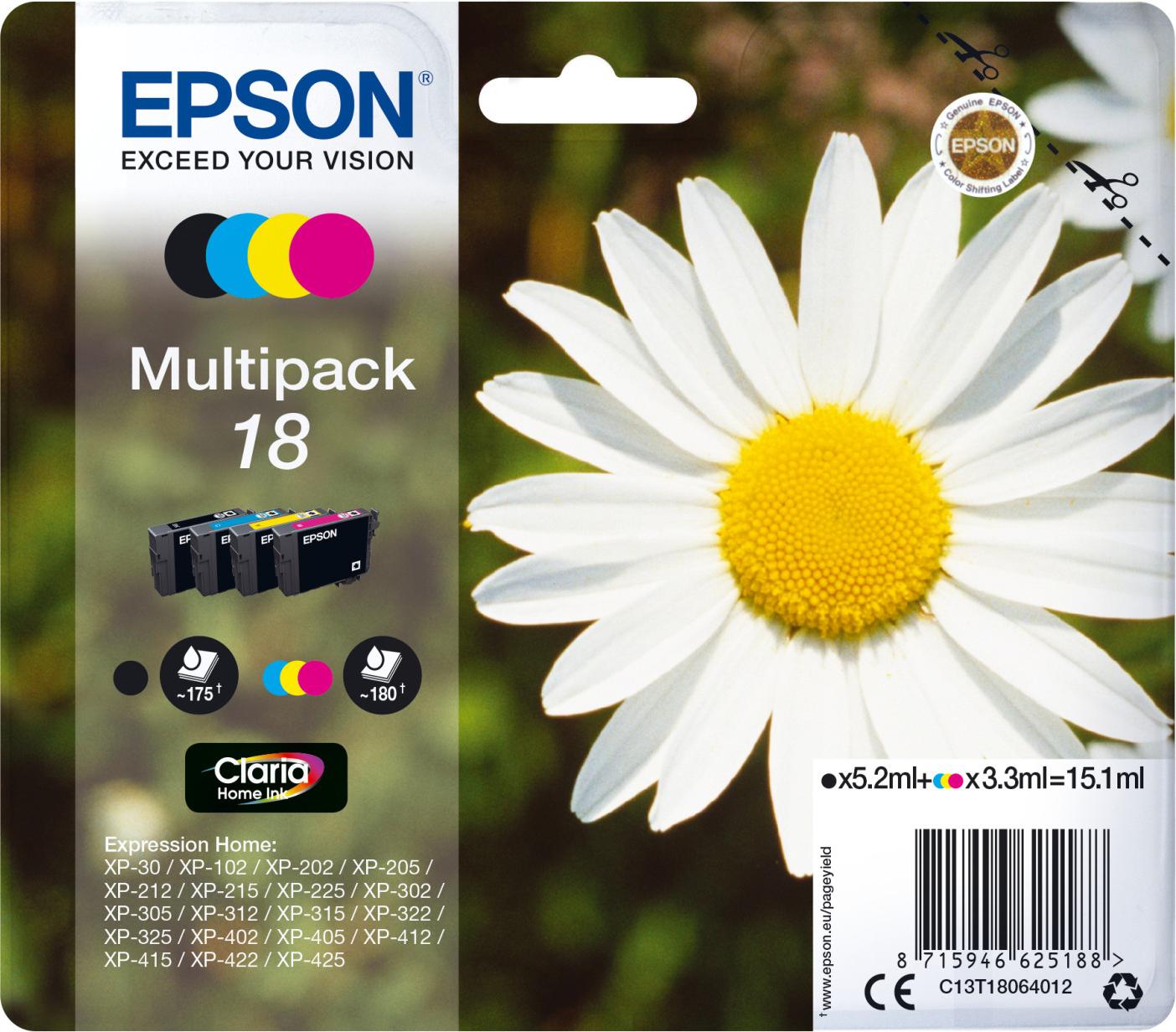 Epson 18 Multipack - 4 balenia - čierna, žltá, azúrová, purpurová - originálne - blistrové balenie - atramentová kazeta - pre Expression Home XP-212, 215, 225, 312, 315, 322, 325, 412, 415, 422, 425 (C13T18064010)