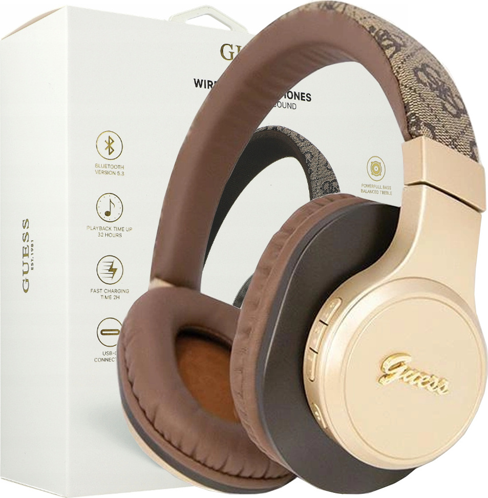 Guess 4G Script Metal Logo - bezdrôtové slúchadlá do uší Bluetooth V5.3 (hnedé)