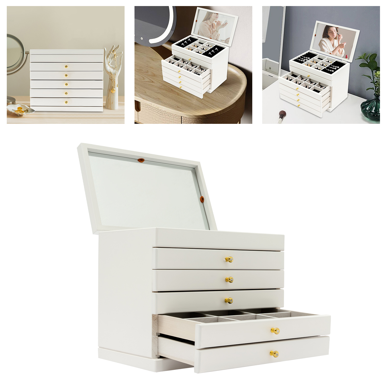 GreatDEshop2021 Schmuckkästchen, Desktop-Schmuckkabinett, Modern Rechtwinklig Schmuckkoffer, Weiß FSLMSG-000900-WL