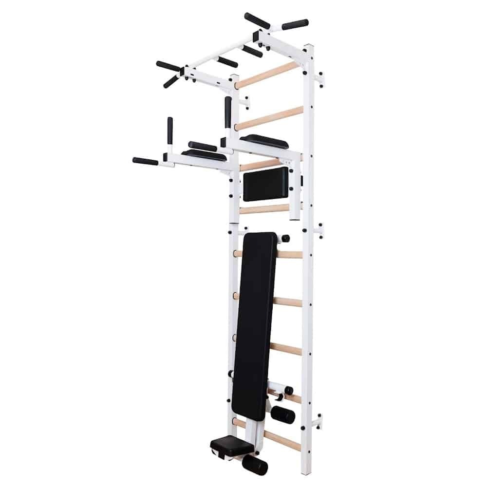 BenchK Sprossenwand 723W, 67 cm breit, 2,40 m hoch, mit Klimmzugstange PB2W, Dipbarren DB1W und Bank B1W HSL0000051