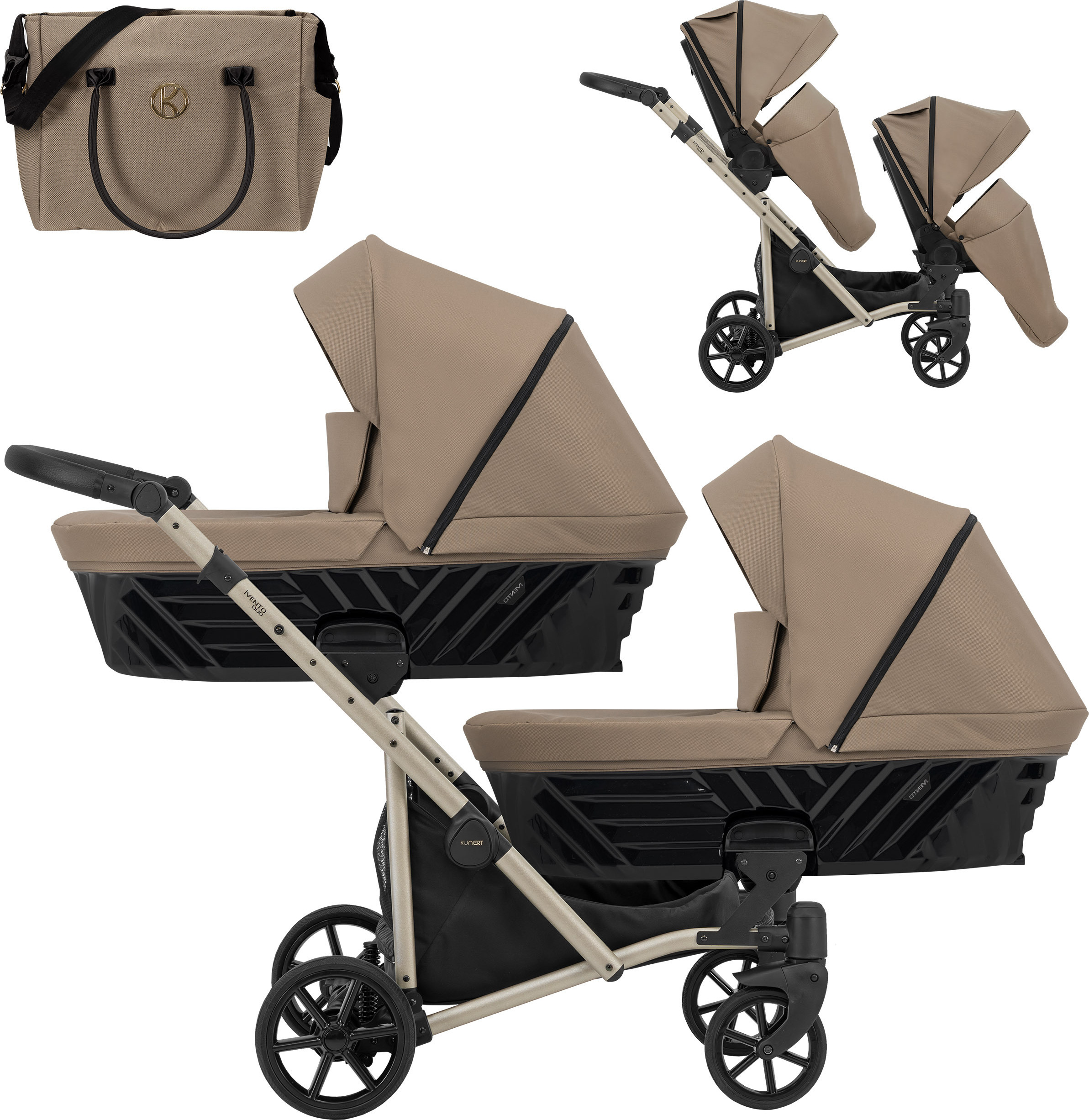 Kinderwagen IVENTO DUO 2 in 1 Komplettset Zwillingskinderwagen Geschwisterwagen Zwillingsbuggy Doppelkinderwagen (Caramel, Rahmenfarbe: champagne)