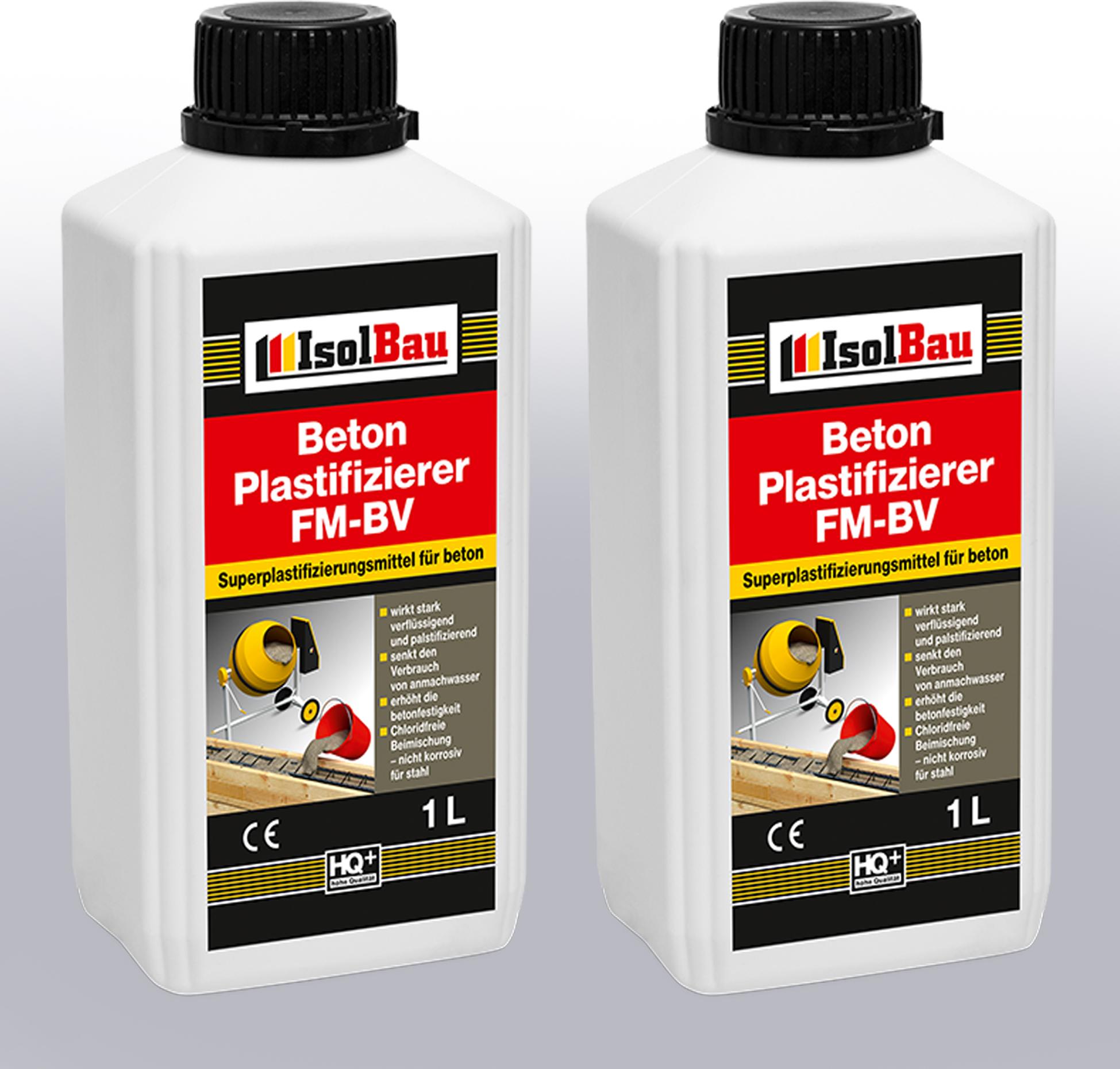 Isolbau Beton Plastifizierer FM-BV - 2 x 1 Liter, stark verflüssigend & plastifizierend – Betonverflüssiger Fliessmittel als Zusatzmittel für Estrich, Beton, Mörtel - Chlorfrei, keine Stahlkorrosion