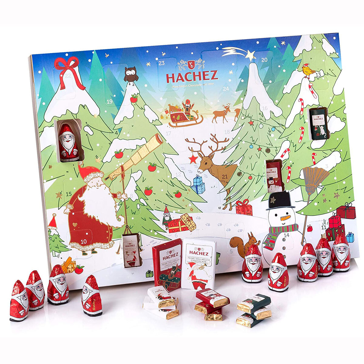 Hachez Adventný kalendár bez alkoholu plnený čokoládou 130g