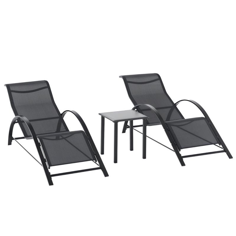 Homu & Co. Lounge-Sessel-Set – Zwei Lounge-Sessel und ein Tisch mit Ablage – Zwei Garten-Lounge-Sessel und ein Gartentisch – 59 x 169 x 66 cm – Schwarz