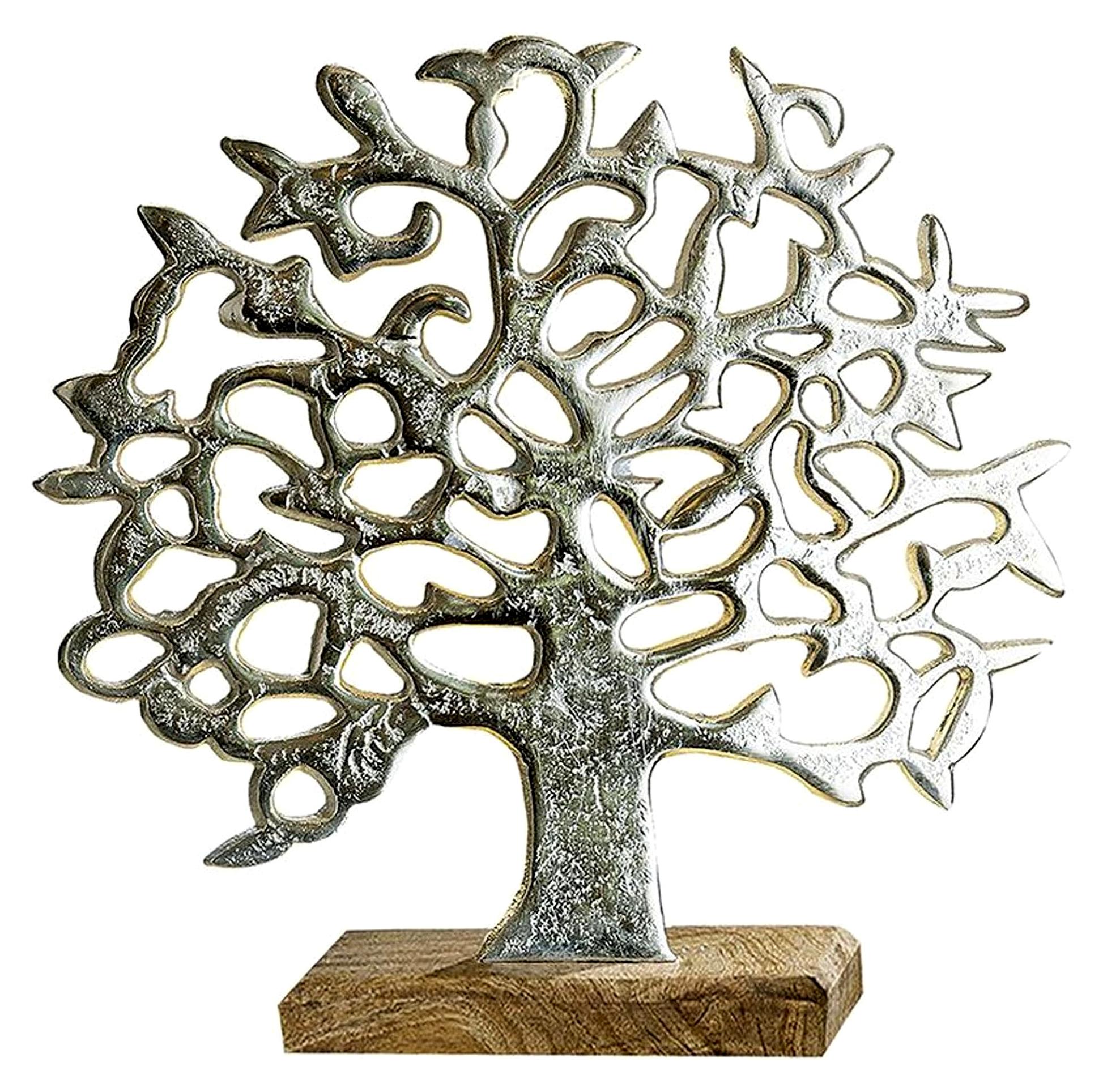 Markenlos Aluminium Lebensbaum auf Holzbasis Silber Mango 37 cm G48183