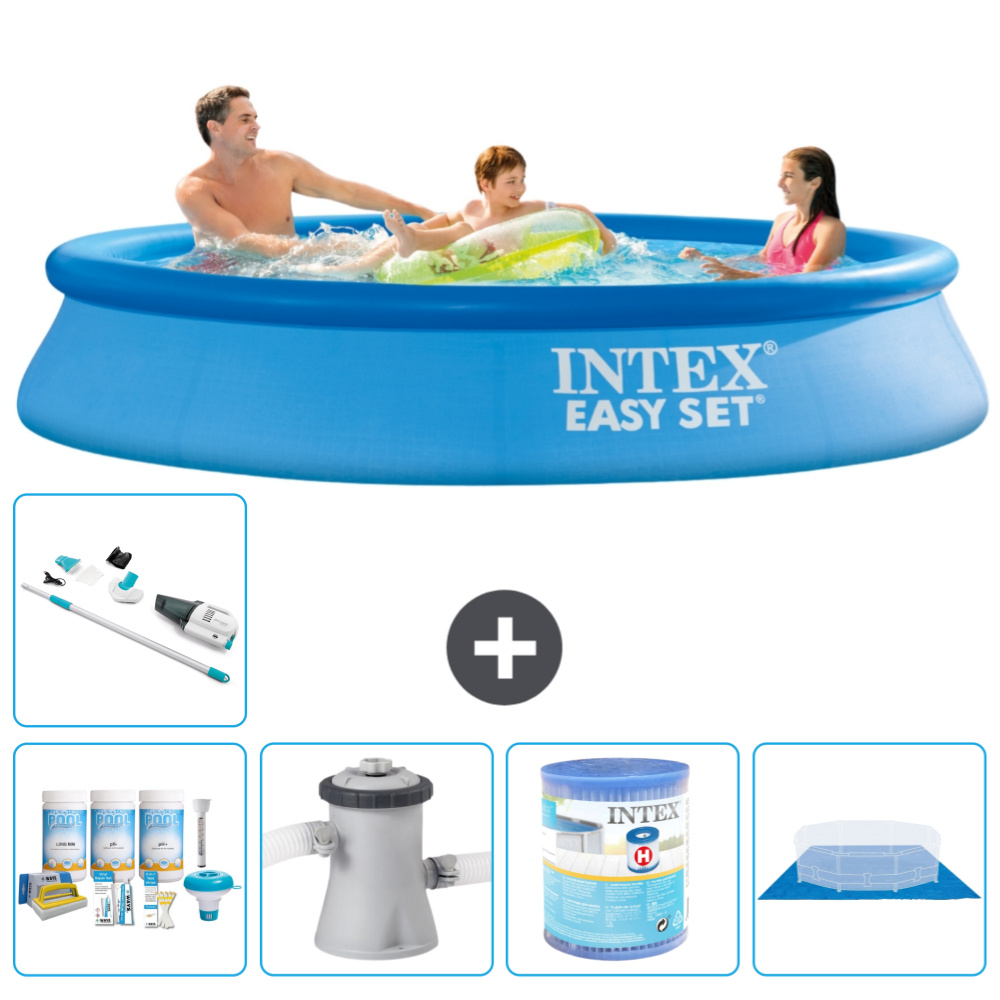 Okrúhly nafukovací bazén Intex Easy Set - 305 x 61 cm - modrý - súčasťou balenia je balík na údržbu - filtračné čerpadlo pre bazén - filter - podložka - vysávač