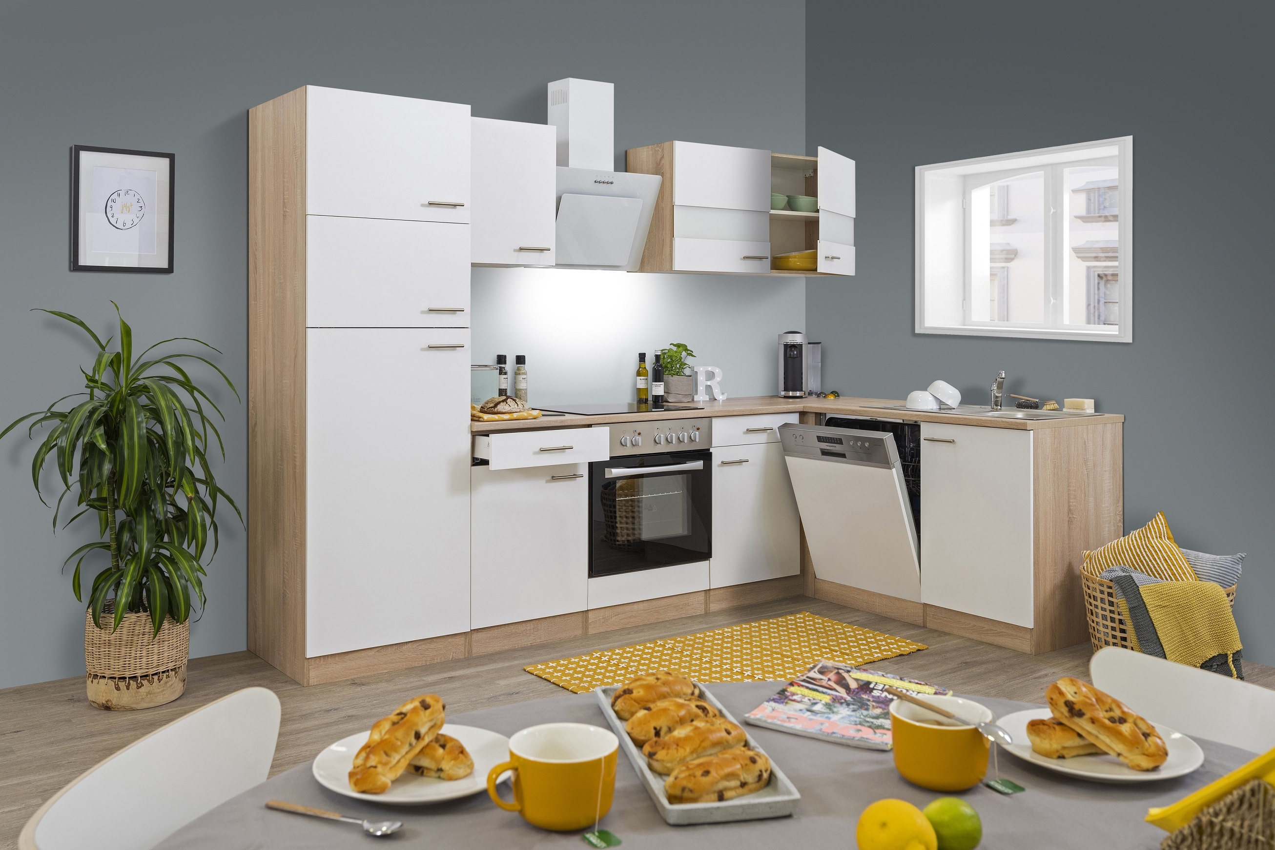 Küche Küchenzeile Küchenblock Winkelküche Eiche Weiß Merle 280x172 cm Respekta KBL280ESWSC