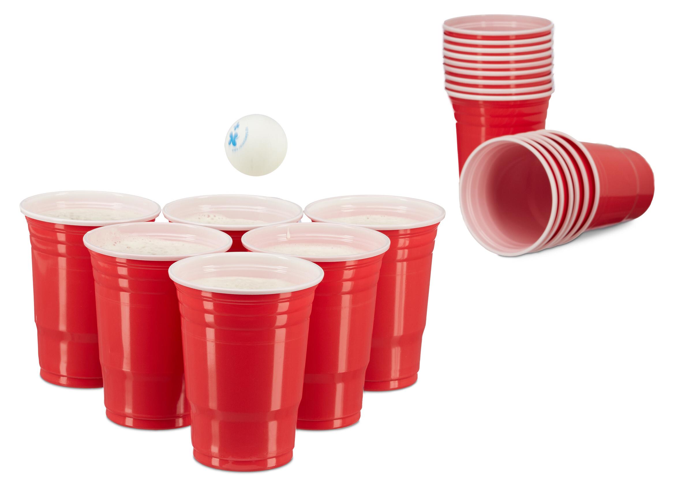 Mini Beer Pong Relaxdays - Jeu à Boire Avec 25 Gobelets Rouges, 3 Catapultes Et Balles - 9x58x20 Cm