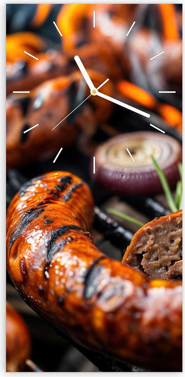 Primedeco Wanduhr aus Glas mit Motiv Grillwurst B B Q- 30 x 60 cm - inkl. Aufhängesystem