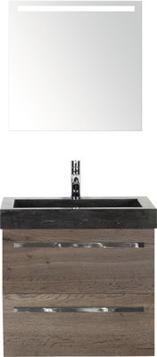 Badmöbel-Set Sanox Seville BxHxT 61 x 170 x 45,5 cm Frontfarbe tabacco mit Waschtisch Naturstein schwarz und Naturstein- 81701939