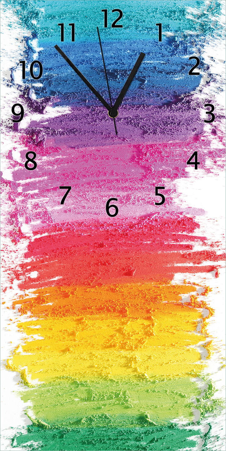 Wallario Design Wanduhr Regenbogenstreifen auf weißem Hintergrund - Bunter Anstrich aus Echtglas, Größe 30 x 60 cm gugs0107-3060
