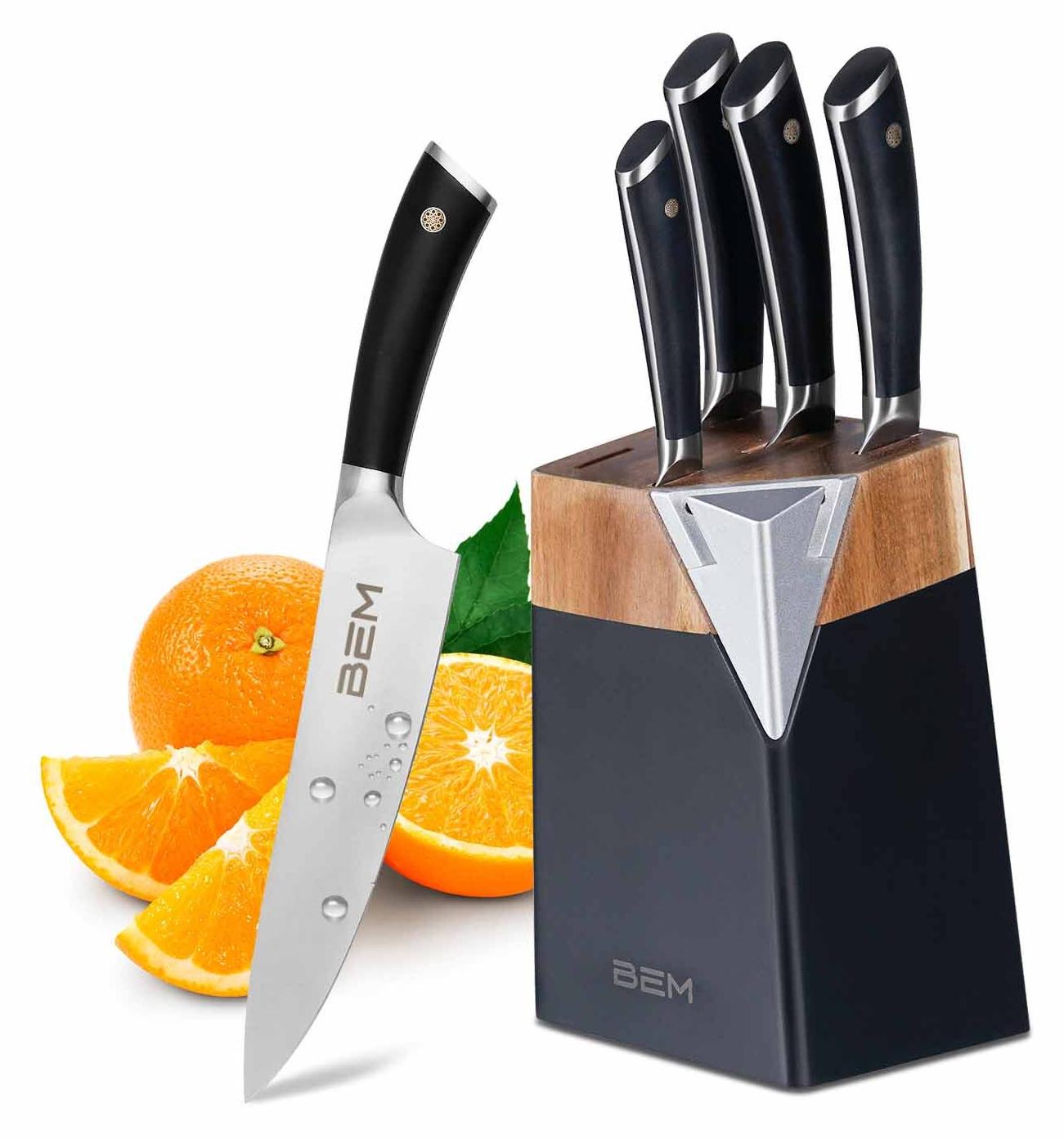 BEM Master Chef 6-tlg. Messerset Küchenmesser Set mit Messerblock inkl. Kochmesser, Gemüsemesser, Brotmesser; Messerblock mit Messer und Schärfer