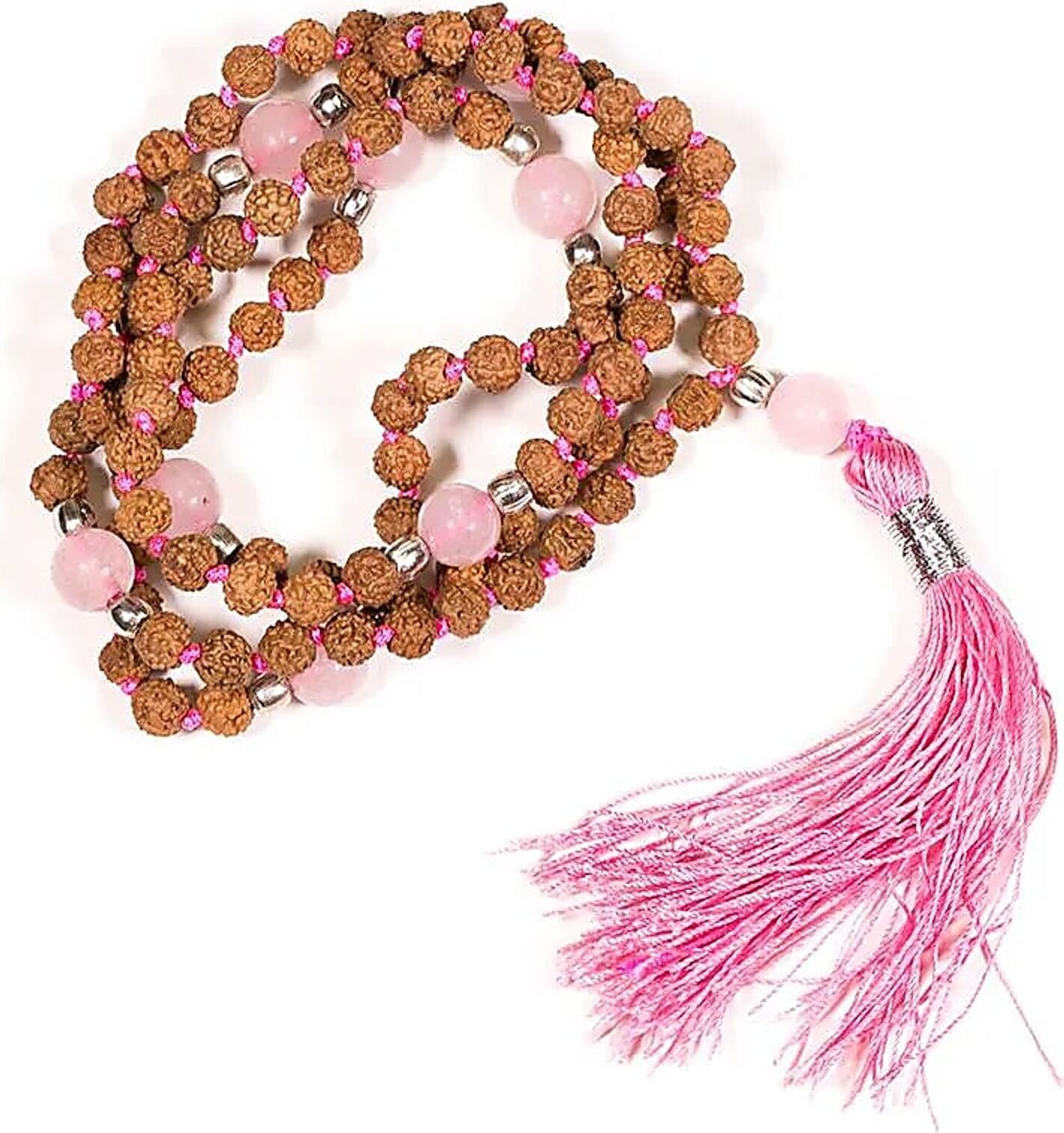 Bahadra Mala Rudraksha und Rosenquarz mit rosa Quaste -- 0.5 cm