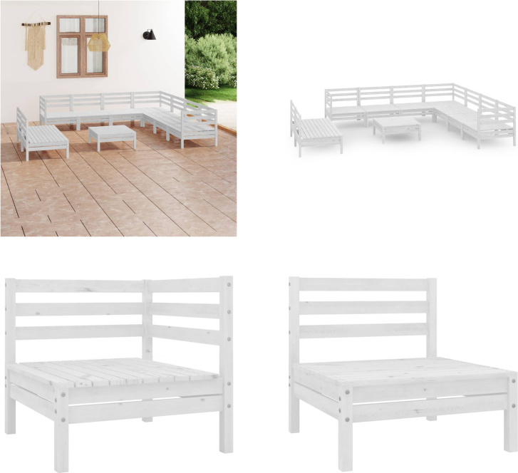 vidaXL 10 ks záhradná obývacia súprava z masívneho dreva borovice biela - záhradná obývacia súprava - vonkajšia obývacia súprava - drevená pohovka - drevená záhradná pohovka