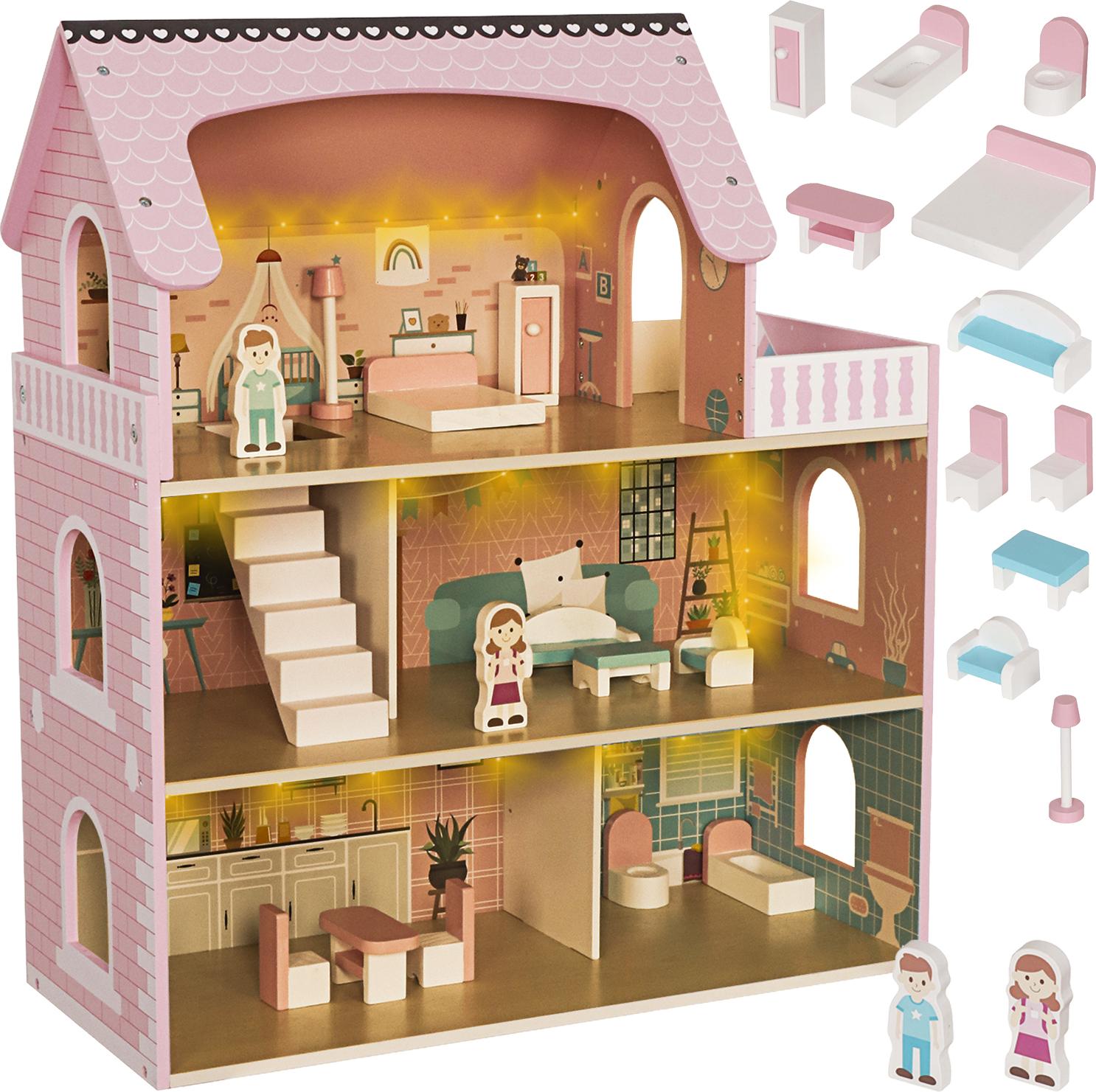 Puppenhaus aus Holz XXL 70 cm mit LED-Beleuchtung & Möbeln 3 Etagen Komplett-Set, sicher & robust für Kinder ab 3 Jahren KRUZZEL 26364