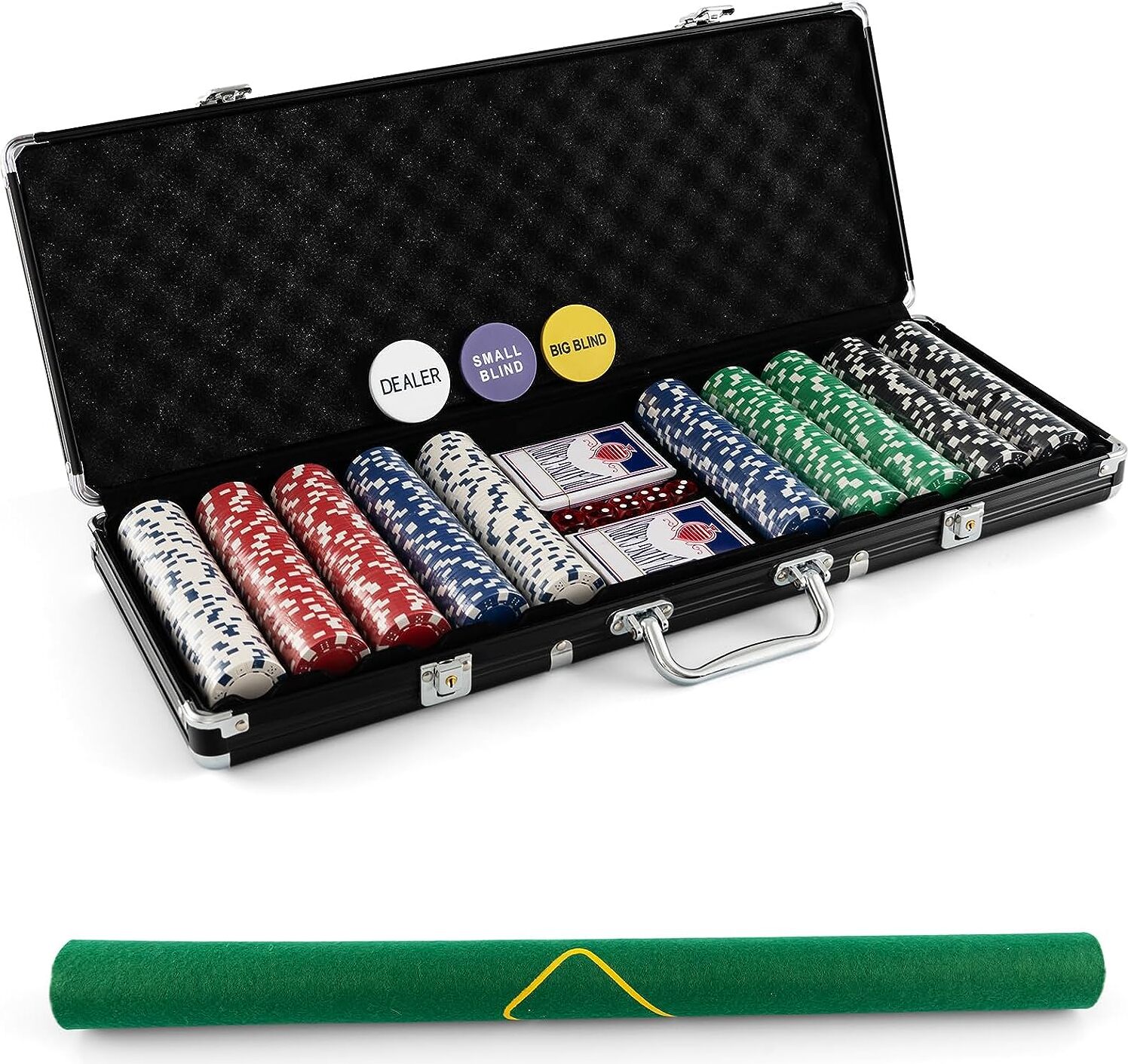 Dreamade Ultimate Pokerset mit 500 Chips/ 2 Poker Set/ 5 Würfel/Koffer/Spieltuch/ 5 Dealer Buttons, Pokerset Koffer Profi für Pokerspiel (Schwarz) VA539133DMDE