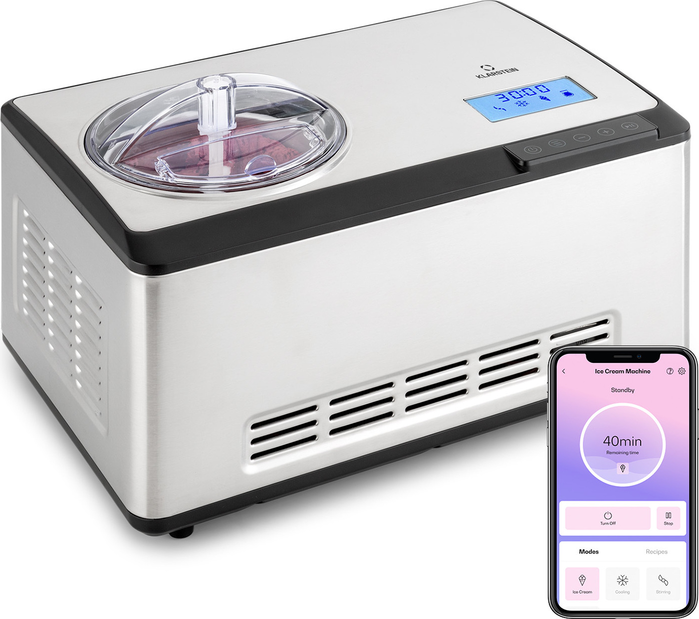 Klarstein Eismaschine, Softeismaschine für Joghurt, Softeis & Frozen Yogurt, Ice Cream Maker mit WiFi/App-Funktion, Eismaschine mit Kompressor, Selbstkühlend, Hausgemachtes Speiseeis & Sorbet, 180W TK49-dolcebacioIOT