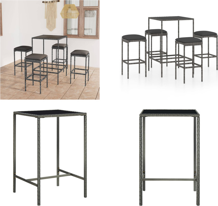 vidaXL 5-dielny záhradný barový set s vankúšmi polyratan sivý - Barový set - Barové sety - Barový stôl a barové stoličky - Barový stôl