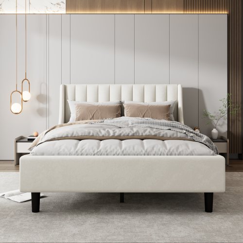 okwish Polsterbett Doppelbett 140x200cm mit Lattenrost aus holz, Jugendbett mit Kopfteil(Ohne Matratze)- Beige