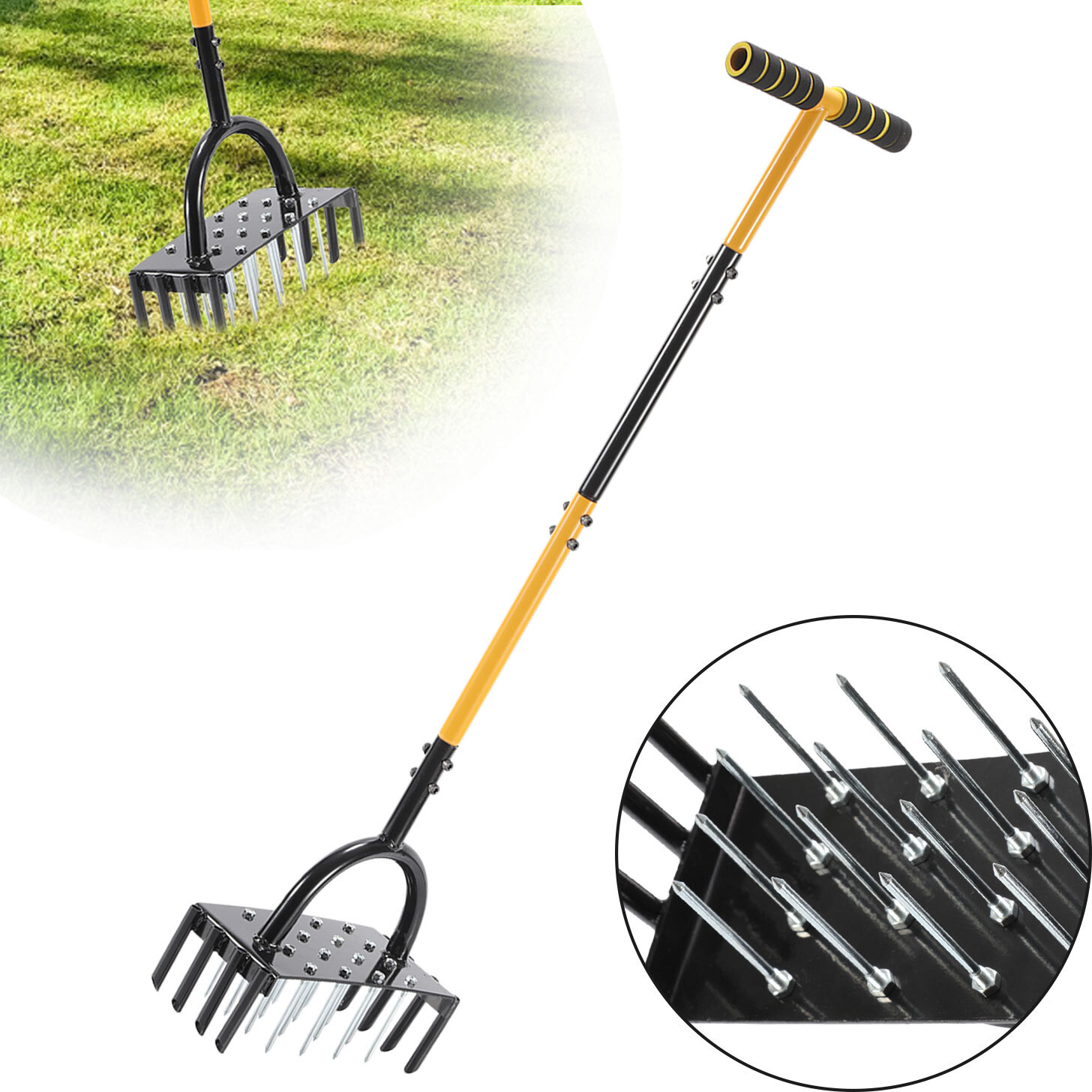TolleTour Rasenlüfter Gartenkultivator 2 in 1 Gartenkralle Handaerifizierer mit ergonomischem T-Griff, Bodenkralle Unkrautkralle Bodenlockerer Aerifizierer für Rasen RL-HG10129-1-HESb