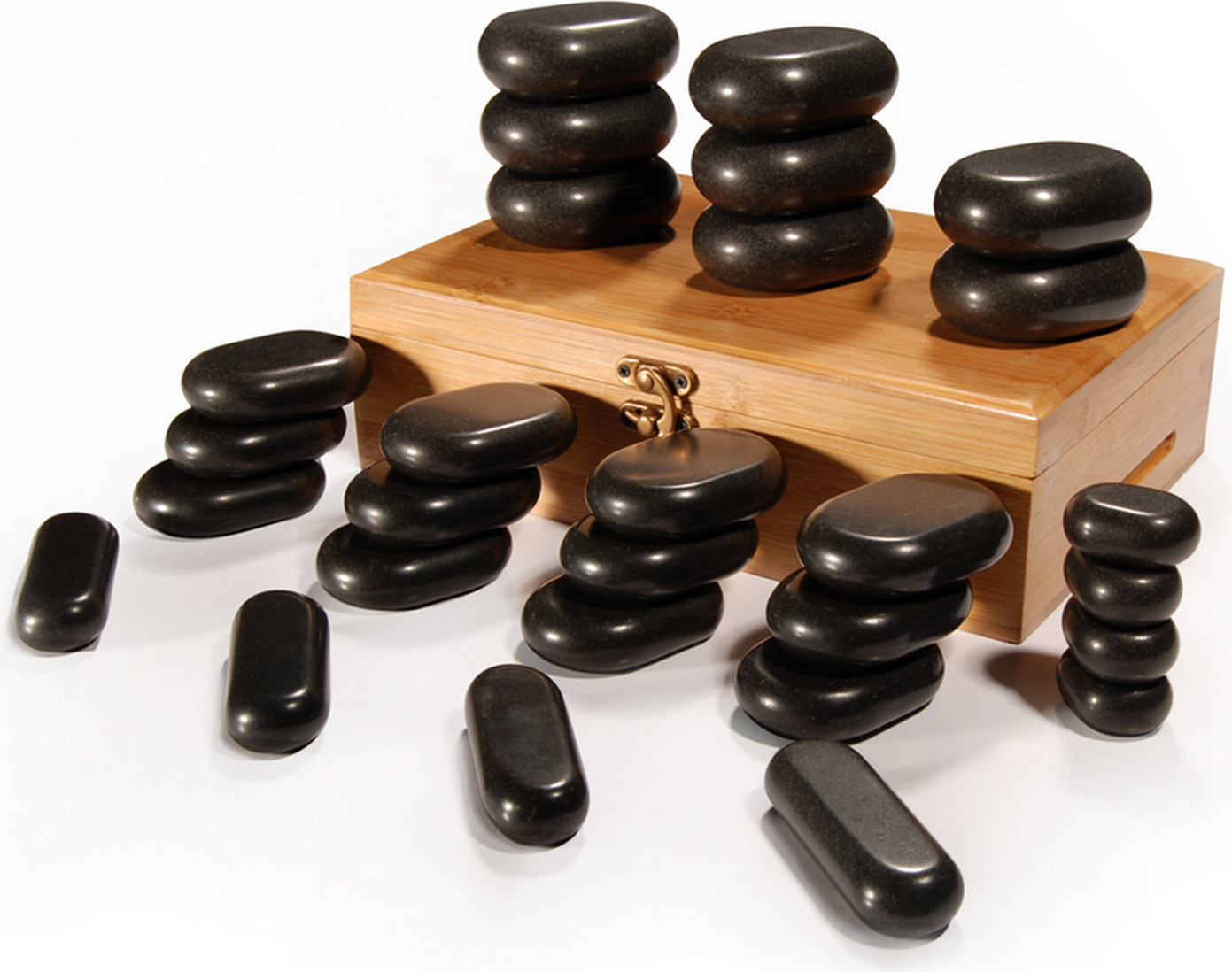 Master Massage 28 St Hot Stone Set Massagesteine 100% Basalt stone Schwarz Lava Volcano Basalt mit Eleganter Bambuskiste 31134