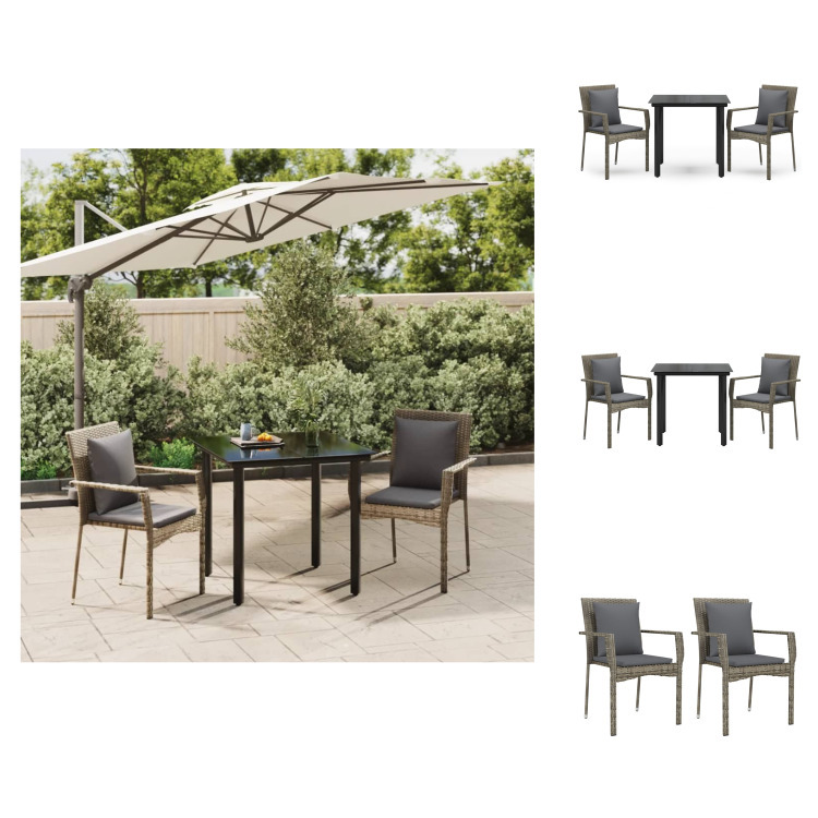 vidaXL 3-dielny záhradný jedálenský set s vankúšmi čierny a sivý polyratan - Záhradné nábytkové sety