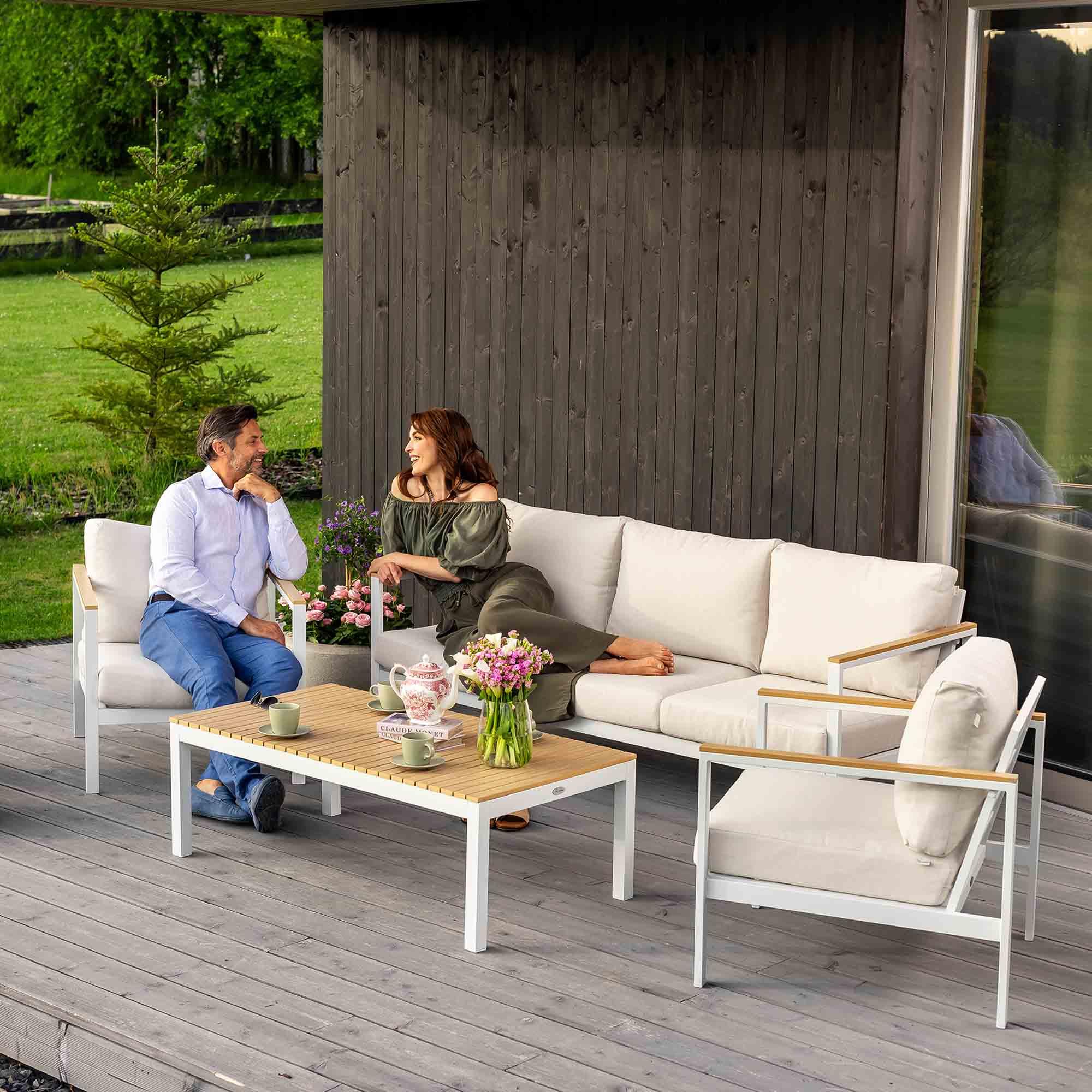 di volio set záhradného nábytku TIVOLI krémový, terasový nábytok z nepremokavých materiálov, záhradný nábytok pre 5 osôb - konferenčný stolík a 3-miestna pohovka a 2 kreslá