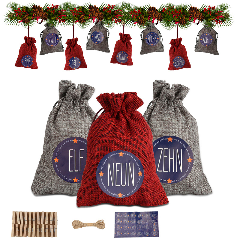 Jopassy adventný kalendár na vyplnenie adventného kalendára naplňte darčekové vrecko na Vianoce vianočný vrece dekor 24 látkových vreciek červená/sivá