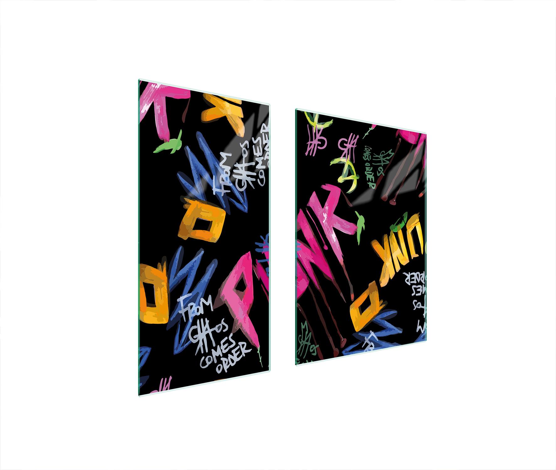 TMK ArtDeko Herdabdeckplatten 2 teilig 75x52 Ceranfeld Abdeckung Glas Schneidebrett Punk Bunt