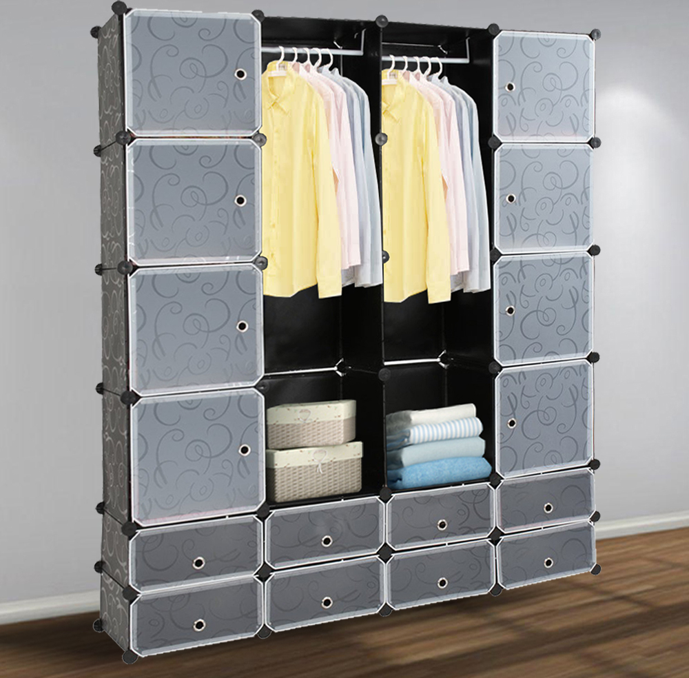 EINFEBEN 16 Wuerfel schrank regalsystem Kleiderschraenke Kleiderschrank kleiderschränke DIY Garderobenschrank Schwarz Kunststoff Aufbewahrung Garderobe fuer Schlafzimmer mit Tueren 180 * 142 * 37CM RLM-1-HG5759-WH