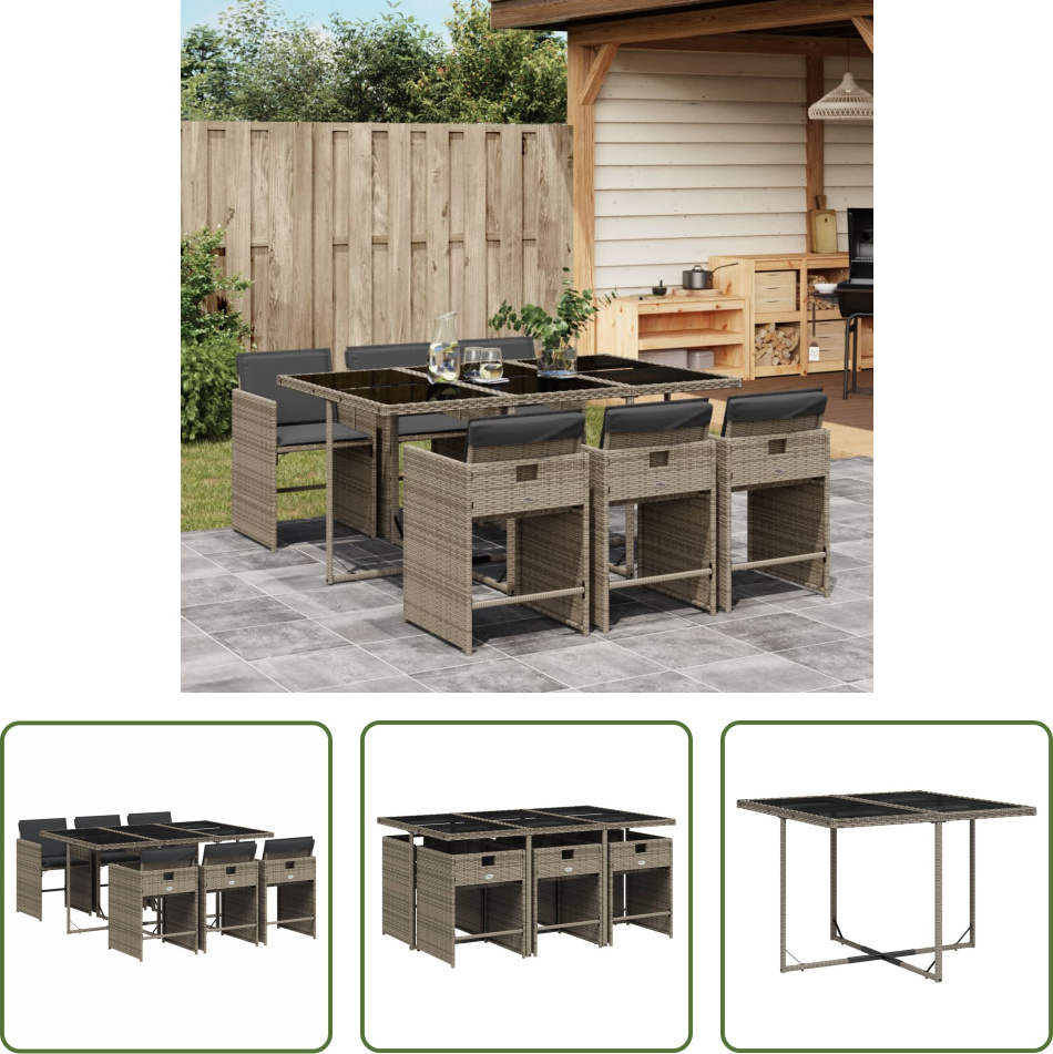 The Living Store 7-dielny záhradný jedálenský set s vankúšmi sivý polyratan