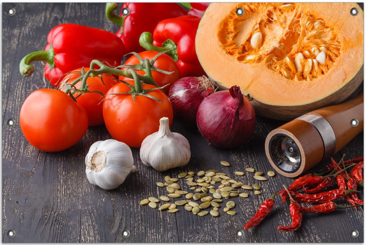 Wallario Outdoor-Poster für Garten oder Balkon, Motiv Kürbissuppe - Zutaten mit Tomaten, Knoblauch, Zwiebeln und Pfeffer, in ca. 80 x 120 cm goban5290-80120