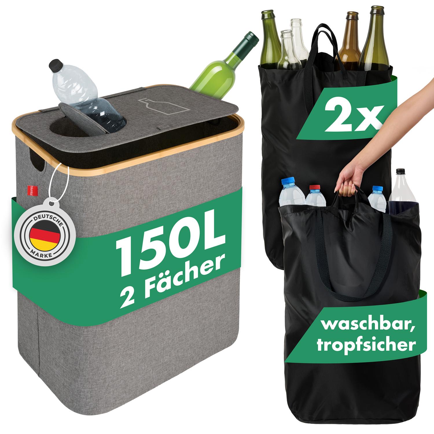 Blumtal Pflandflaschen Sammelbehälter 150L mit 2 Fächern - Bambus Pfandflaschen Organizer - Flaschensammler Leergut - Pfandsammler in Grau
